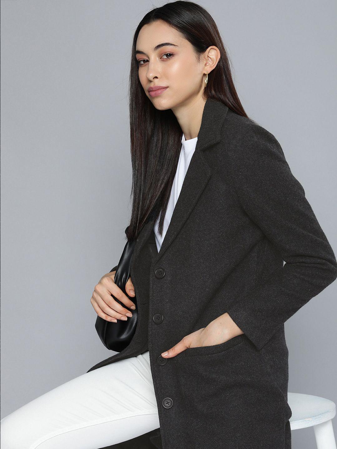 chemistry women charcoal grey solid hip length coat