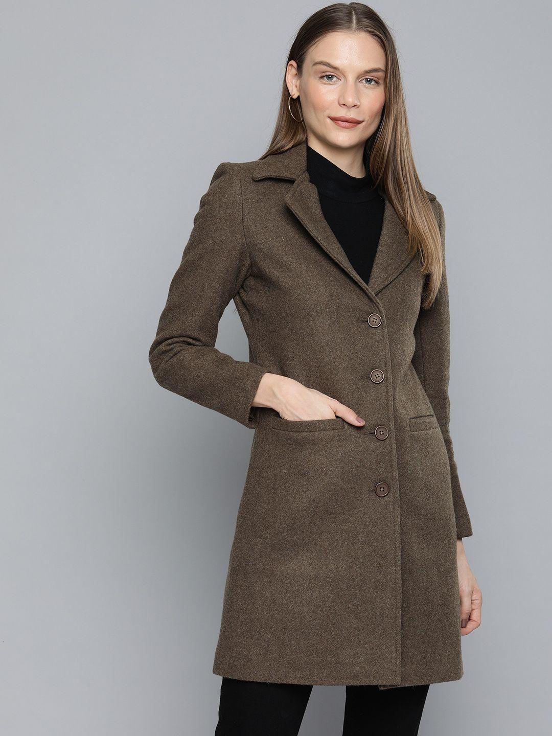 chemistry women coffee brown solid longline trench coat