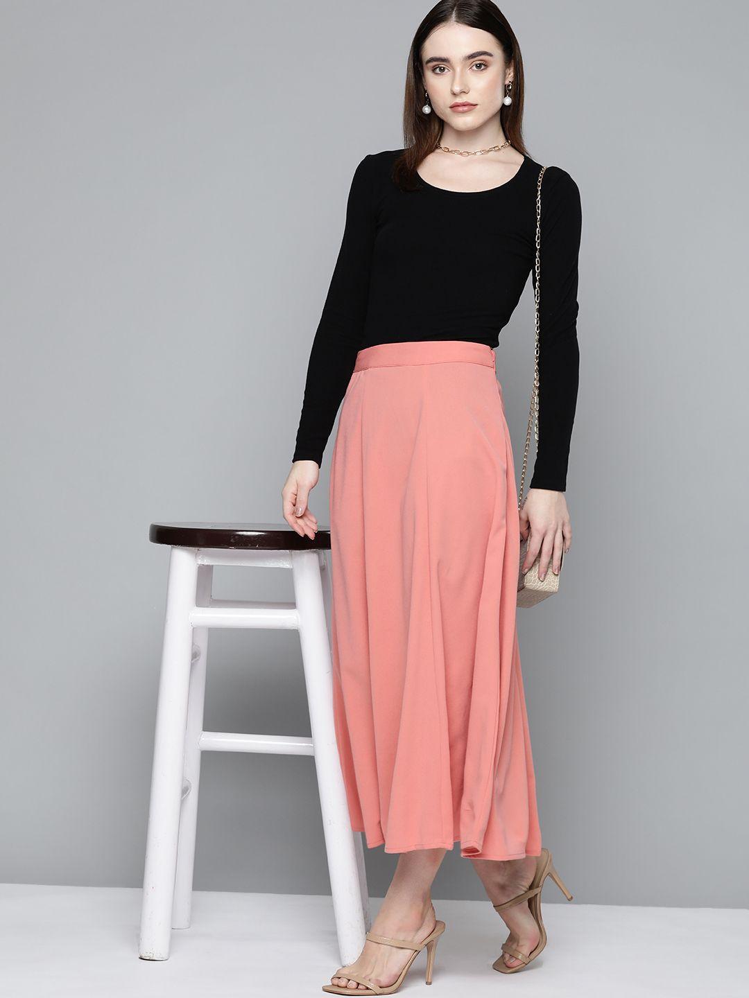 chemistry women coral pink solid a-line midi flared skirt