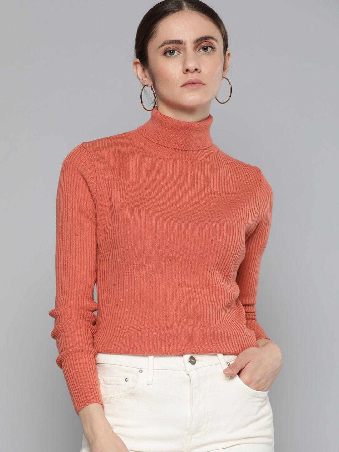 chemistry women coral red ribbed pullover