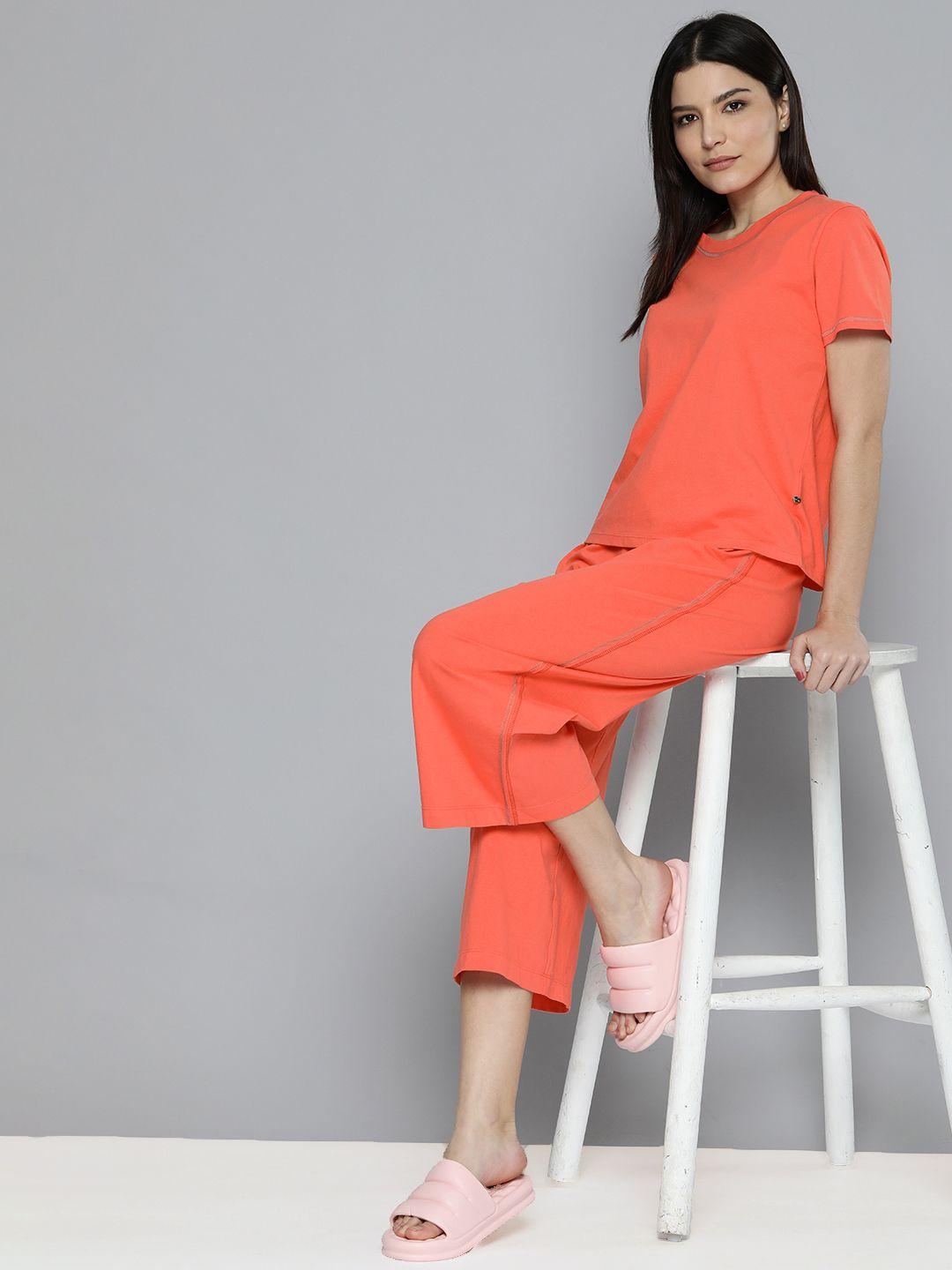 chemistry women coral solid pure cotton night suit