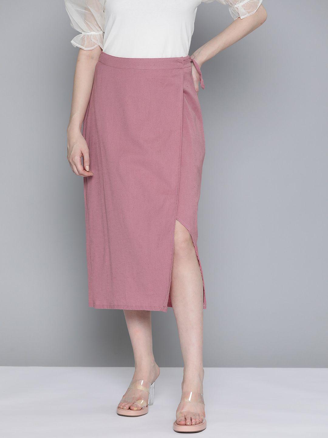 chemistry women cotton linen solid wrap midi skirt