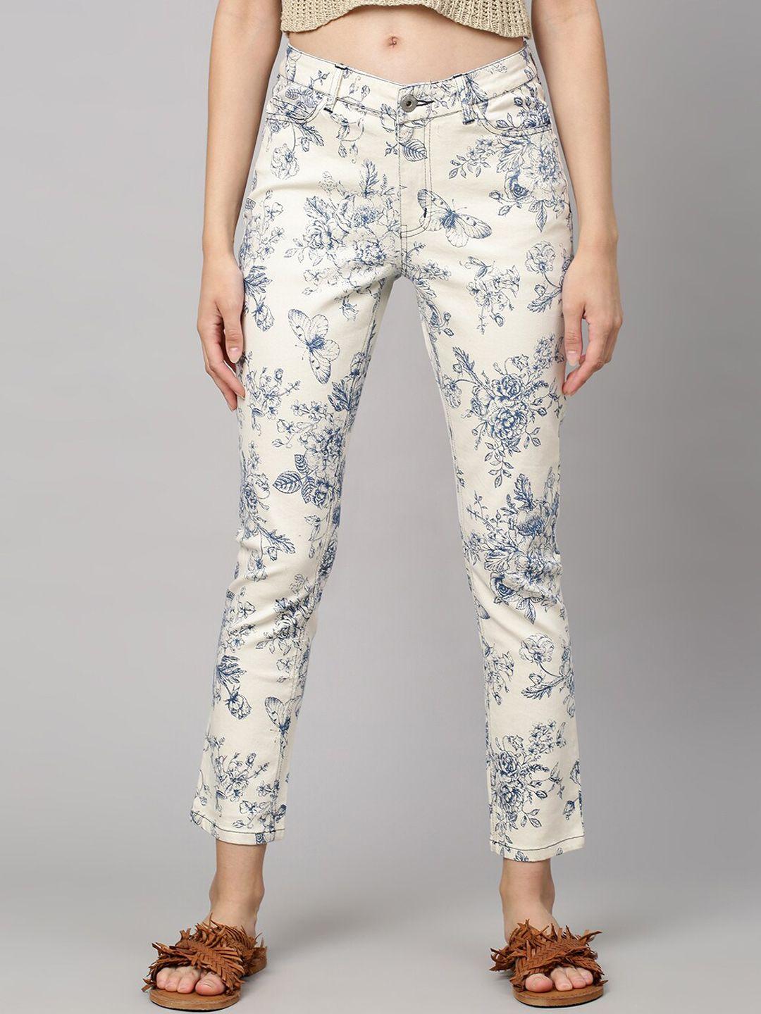 chemistry women cream-coloured & blue skinny fit printed jeans