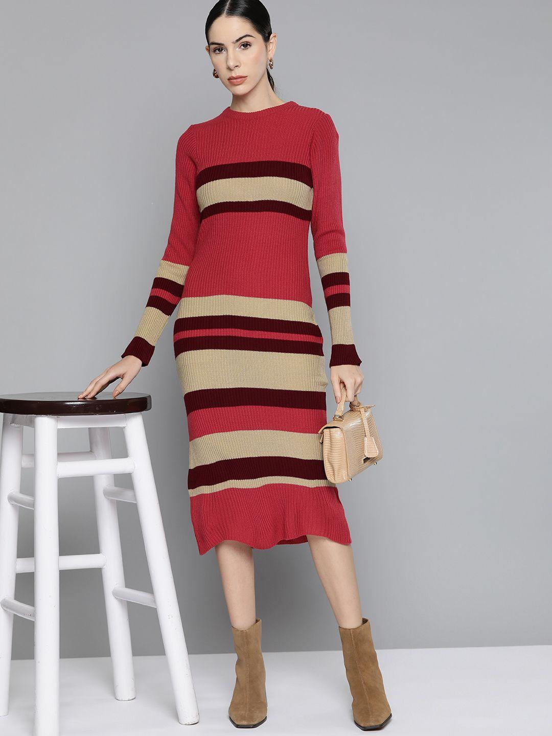 chemistry women dusty pink & beige  striped sweater midi dress