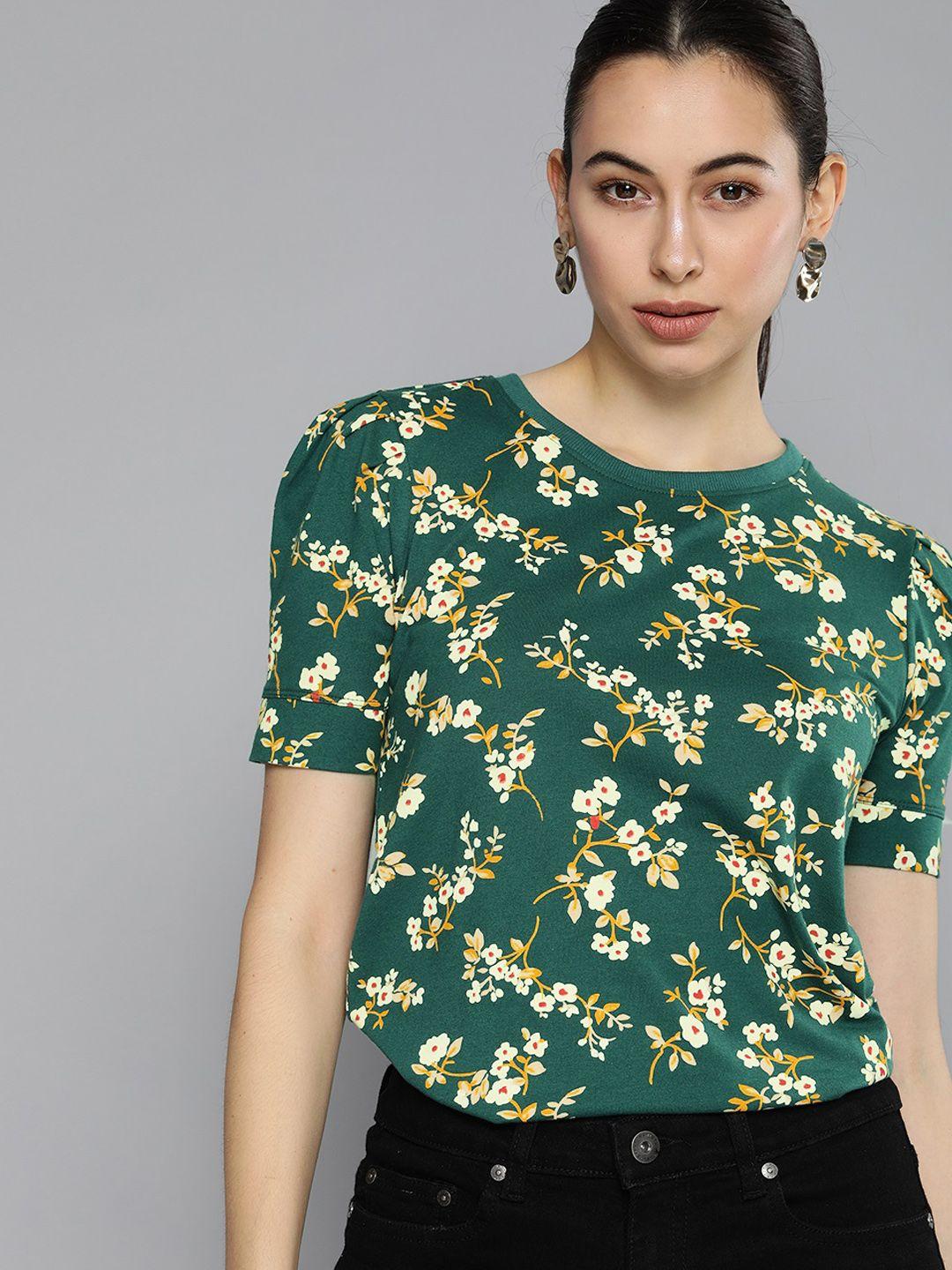 chemistry women green & cream-coloured floral printed puff sleeves top