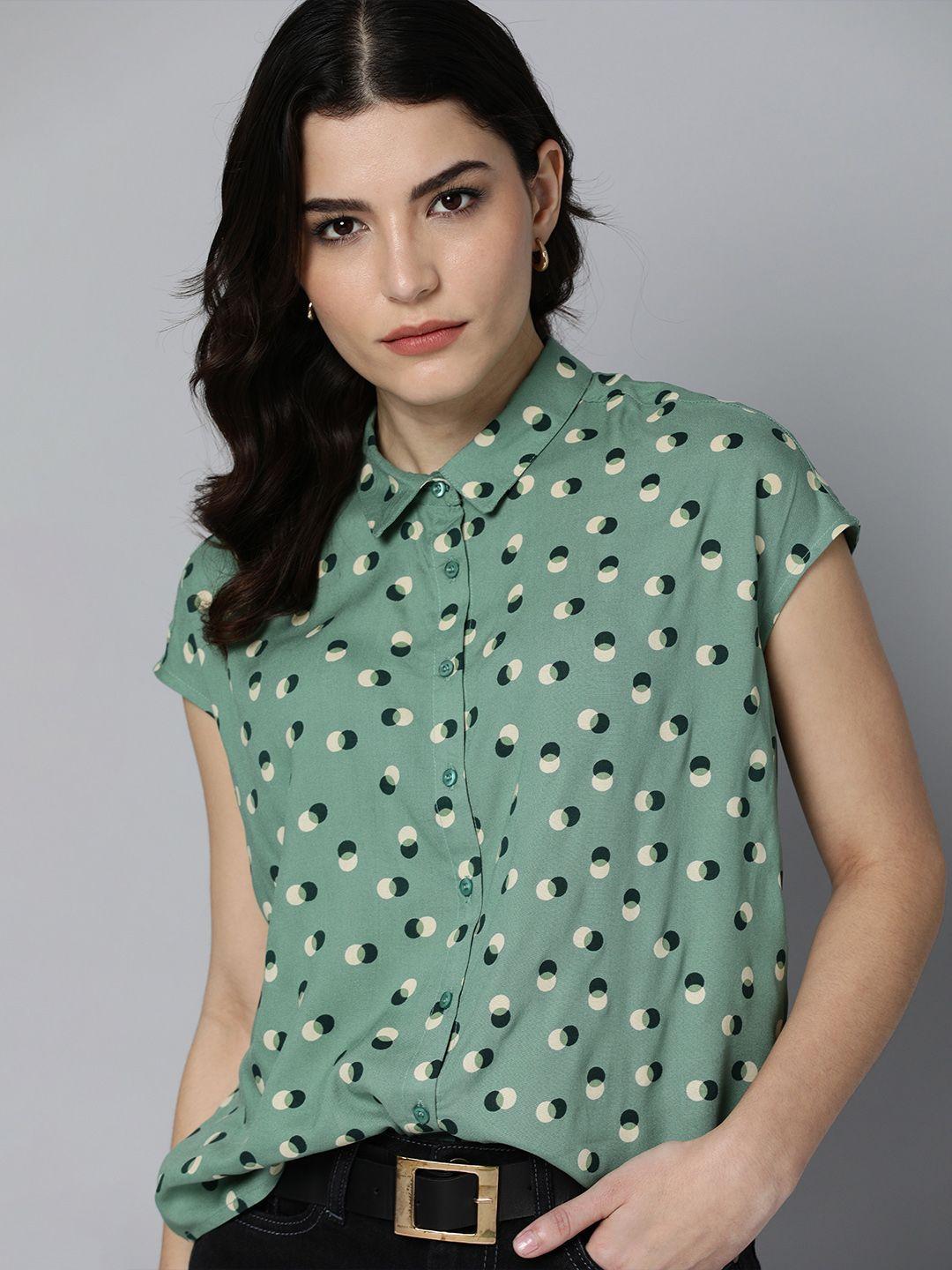 chemistry women green geometrical  printed casual shirt