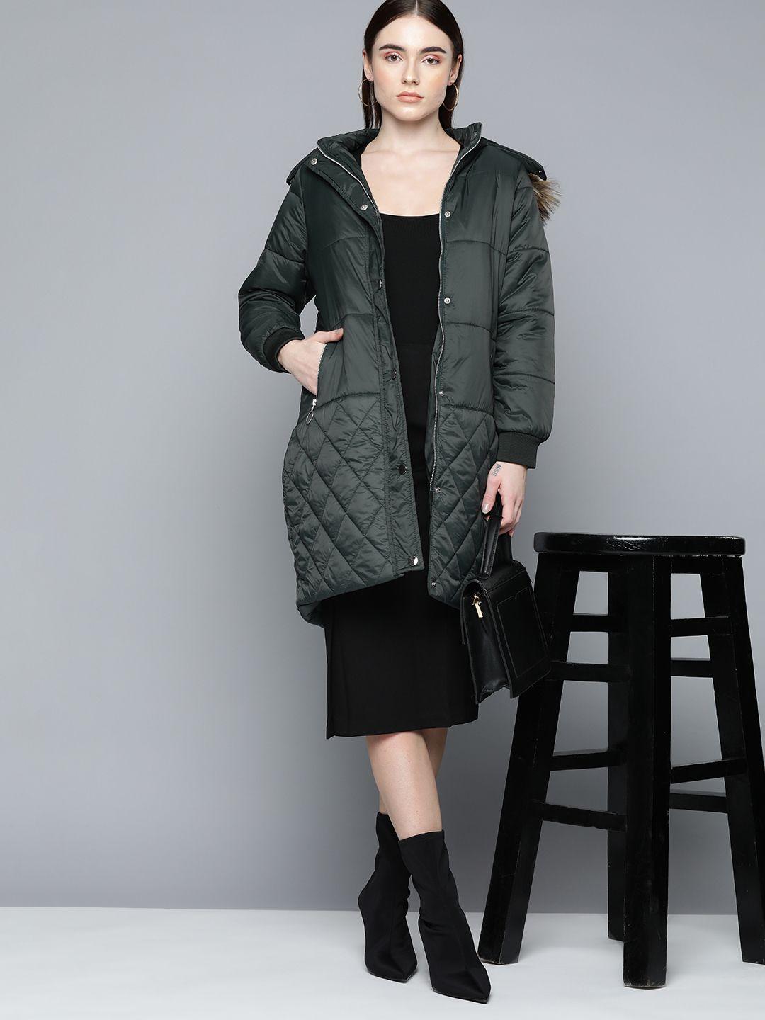 chemistry women green solid longline padded jacket