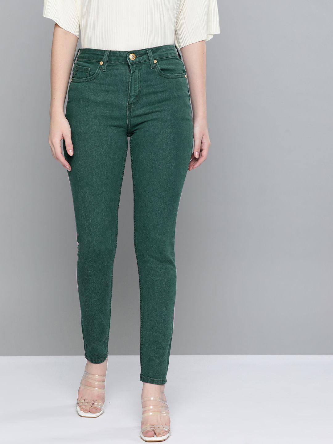 chemistry women green solid stretchable jeans