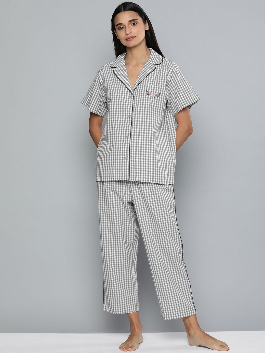 chemistry women grey & white checked night suit