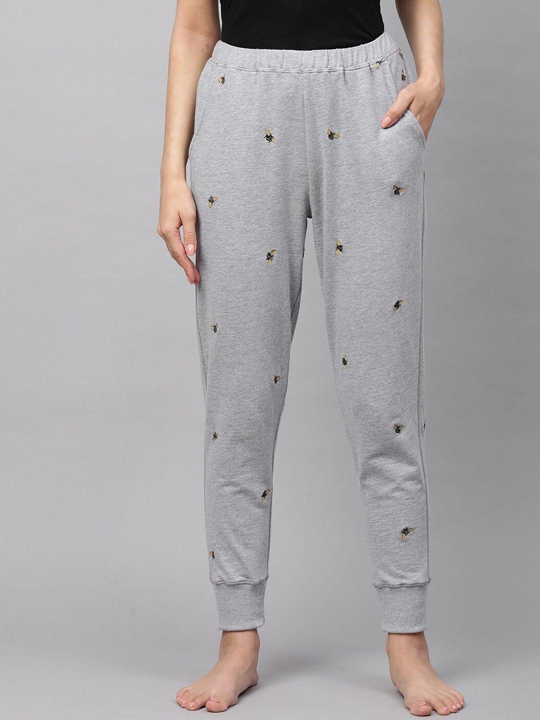 chemistry women grey melange printed loose fit cotton joggers