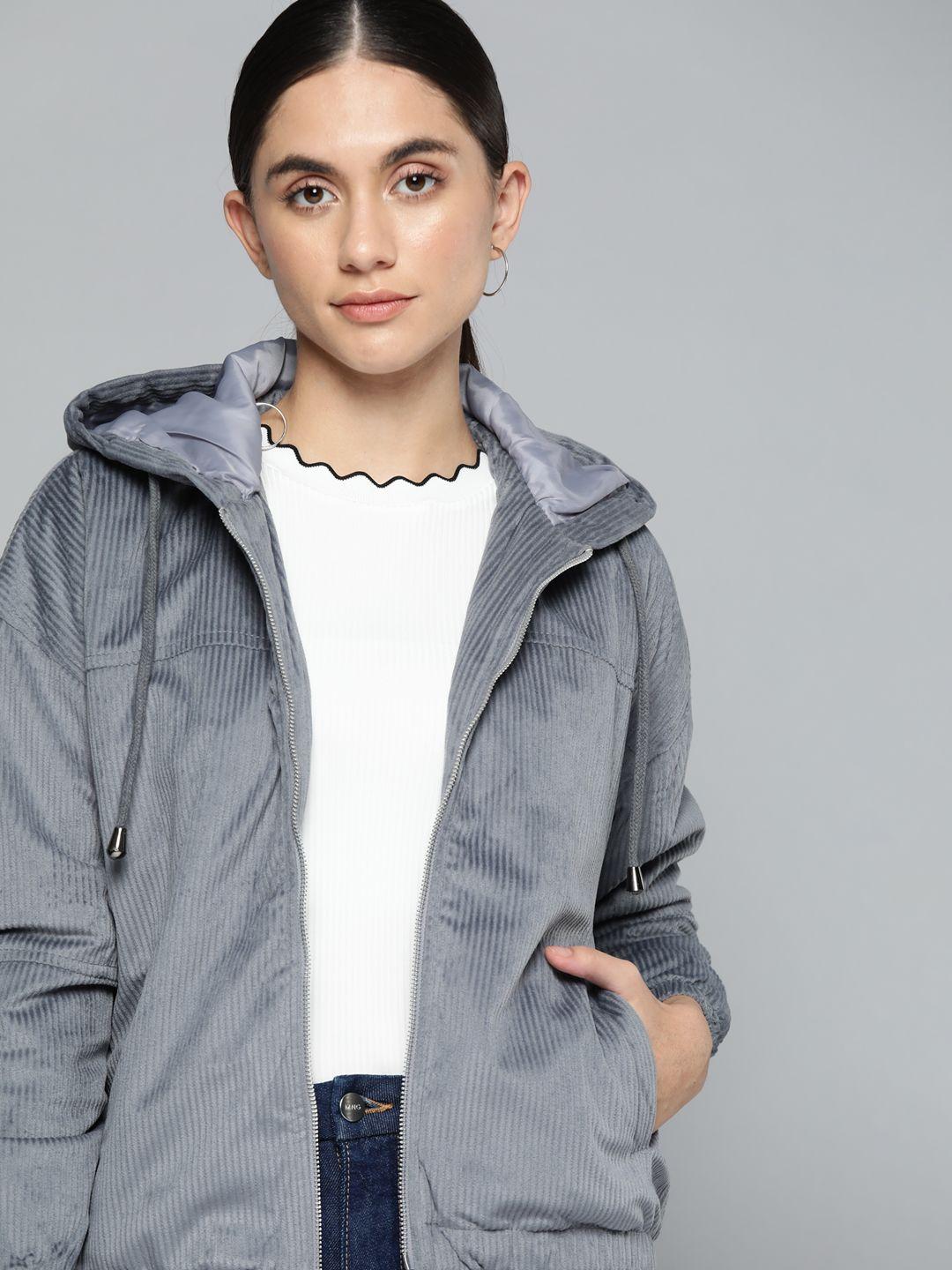 chemistry women grey solid hooded corduroy jacket