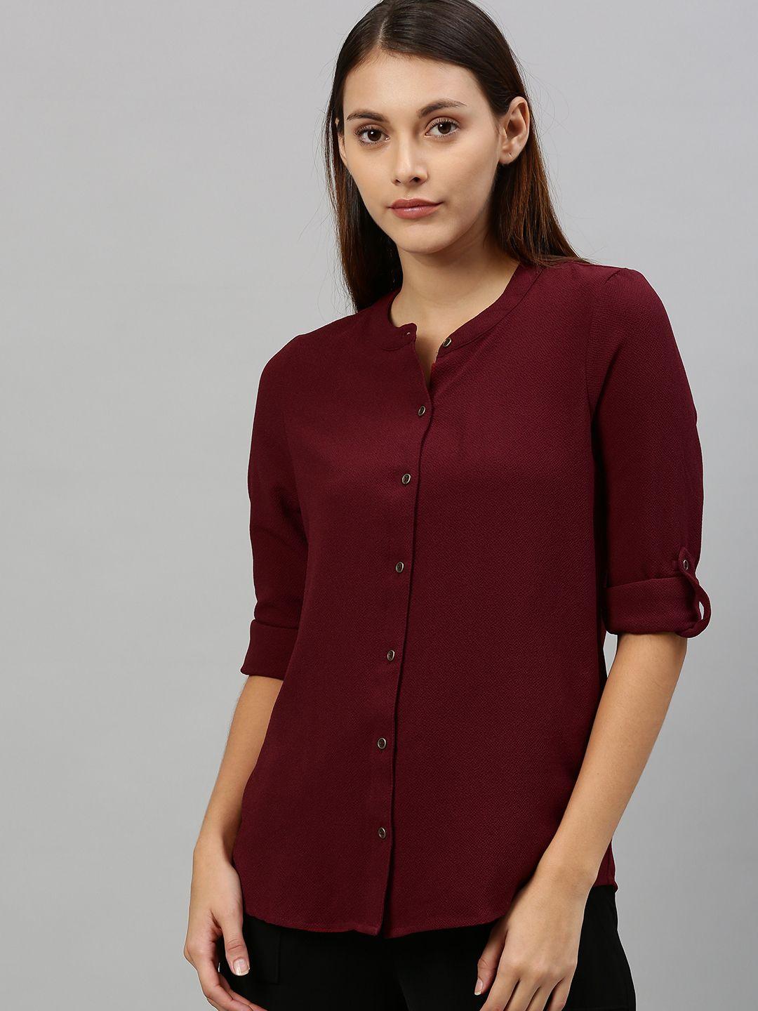 chemistry women maroon regular fit solid casual shirt