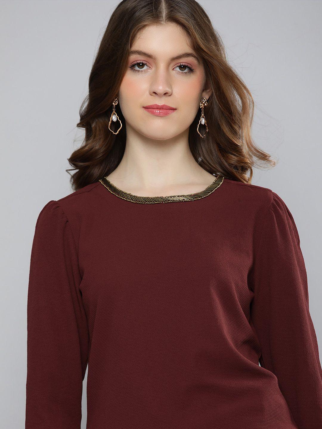 chemistry women maroon self-design embellished neck regular top