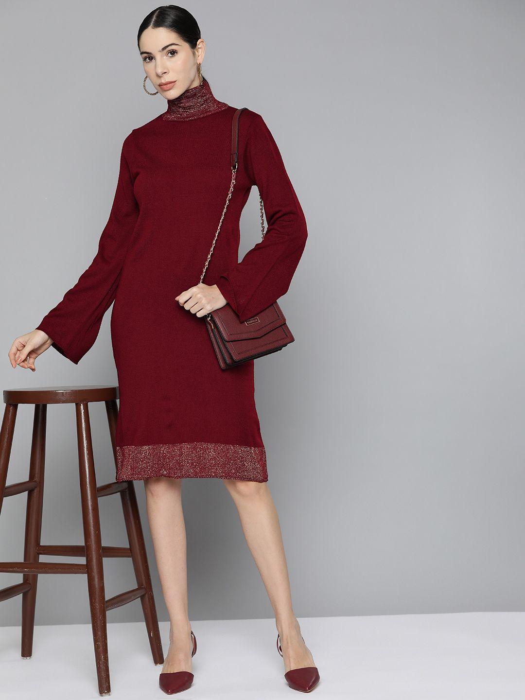 chemistry women maroon solid acrylic turtle neck flared sleeves sweater dress