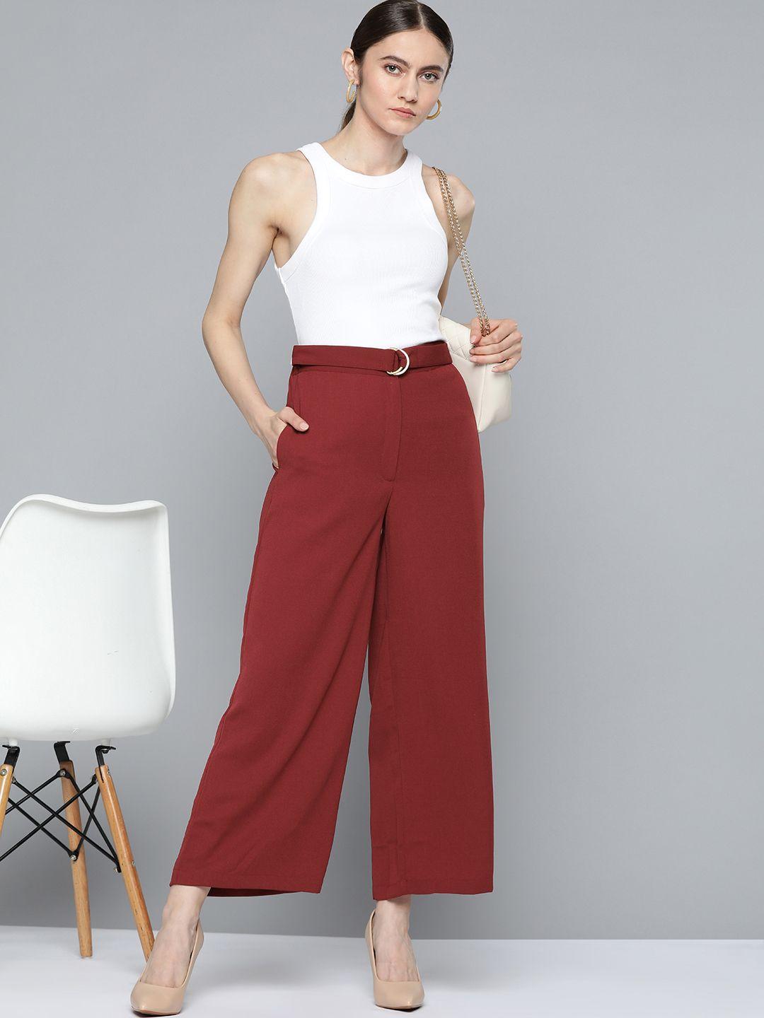 chemistry women maroon solid high-rise trousers