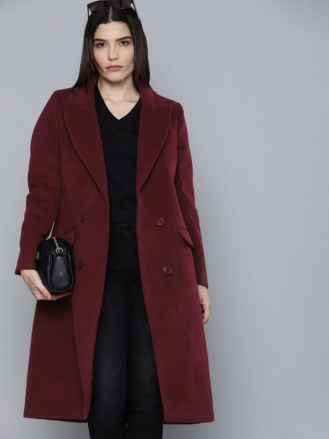 chemistry women maroon solid longline overcoat