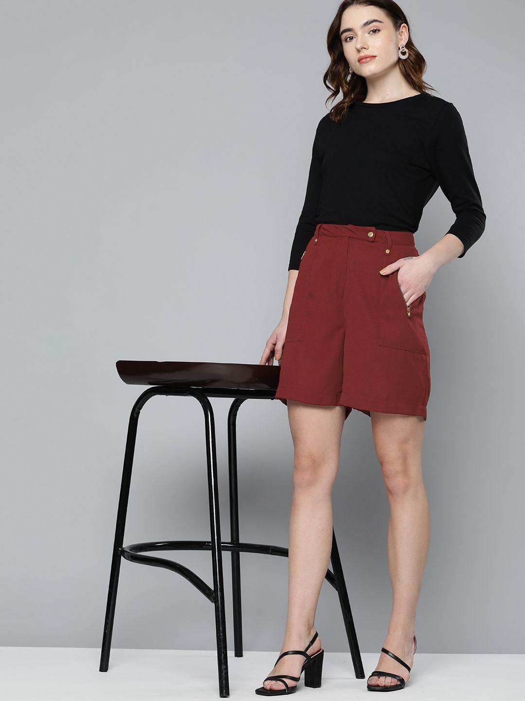 chemistry women maroon solid woven shorts
