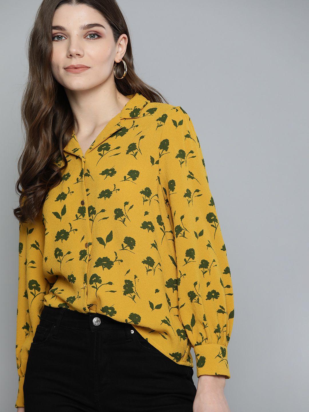 chemistry women mustard & green regular fit printed casual shirt