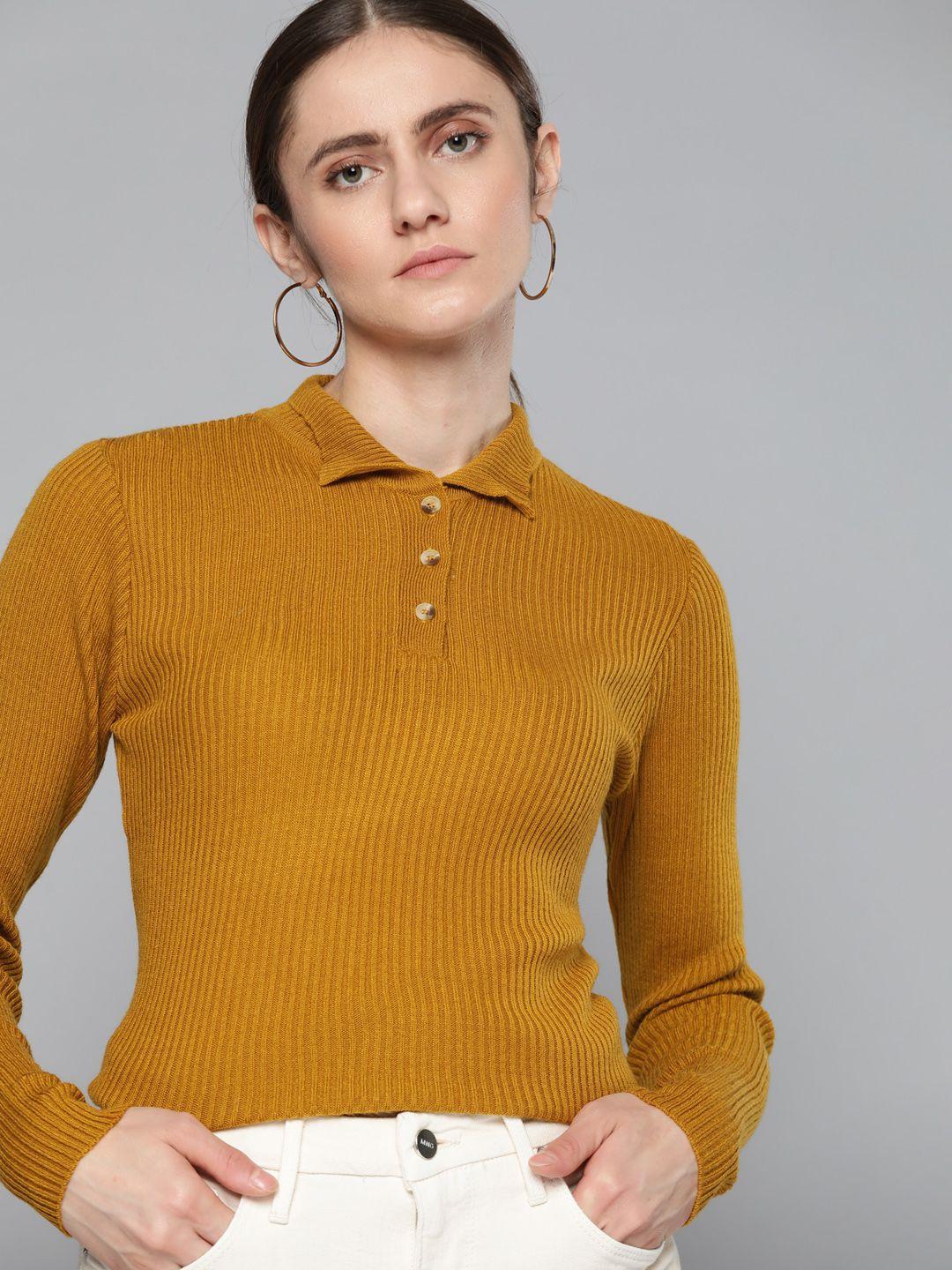 chemistry women mustard brown ribbed pullover