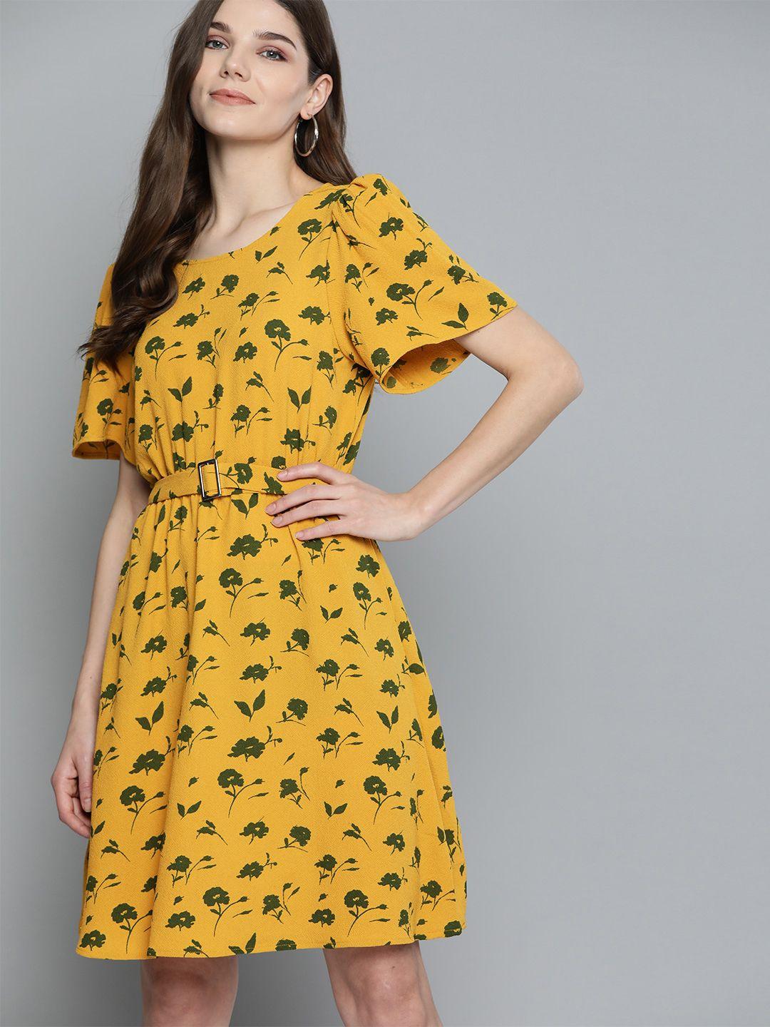 chemistry women mustard printed a-line dress