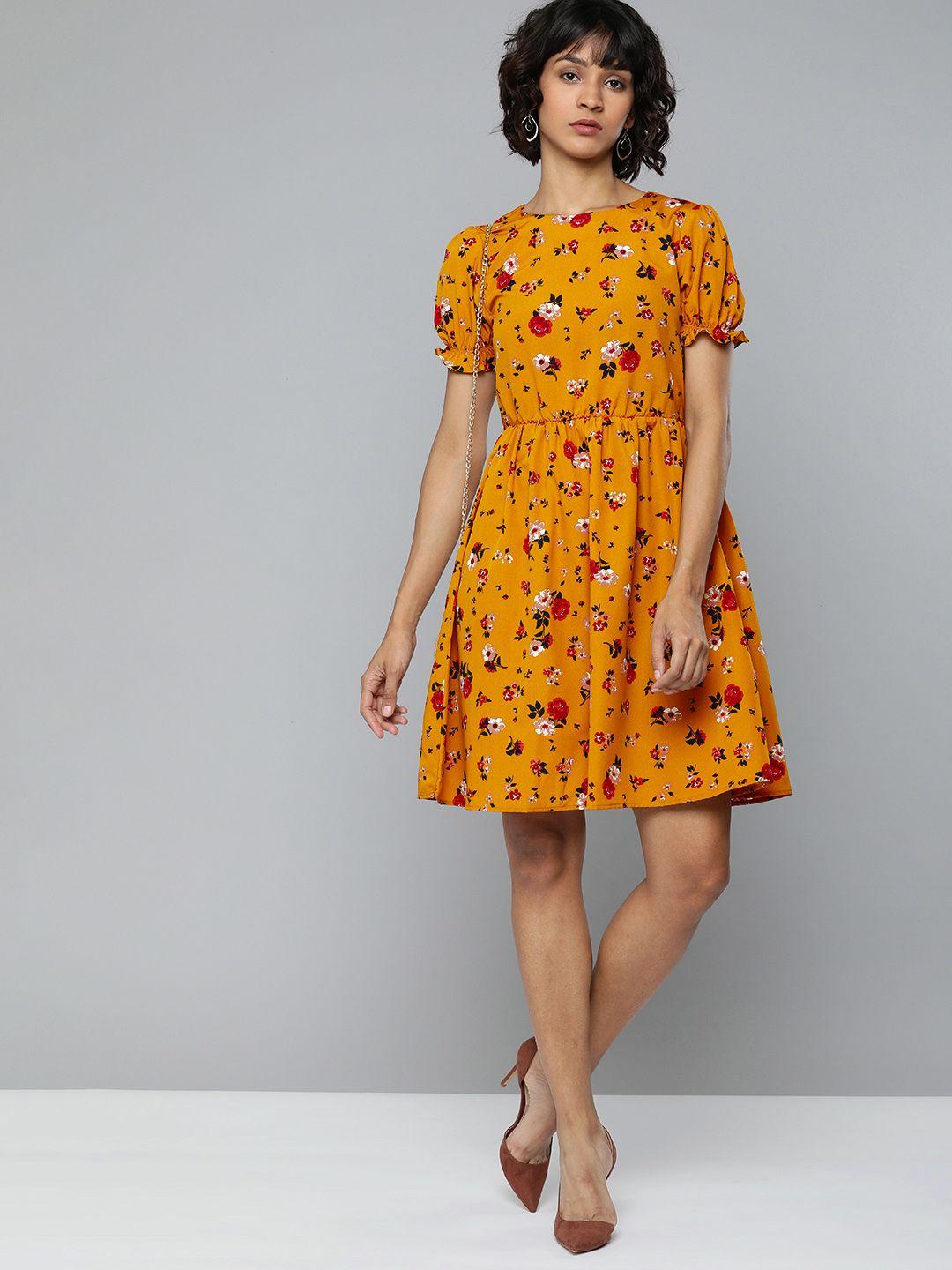 chemistry women mustard printed fit and flare dress
