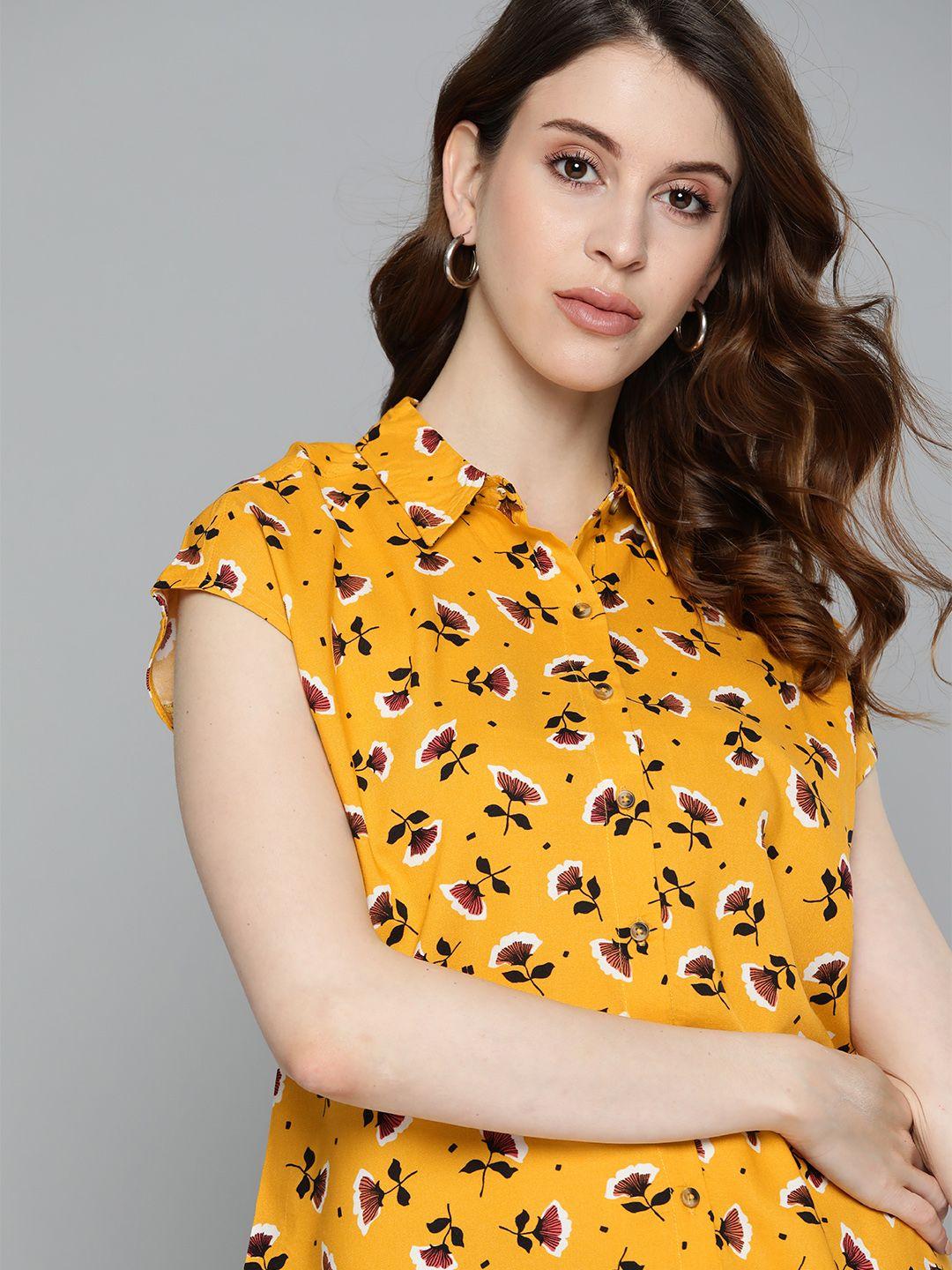 chemistry women mustard yellow & black regular fit printed casual shirt