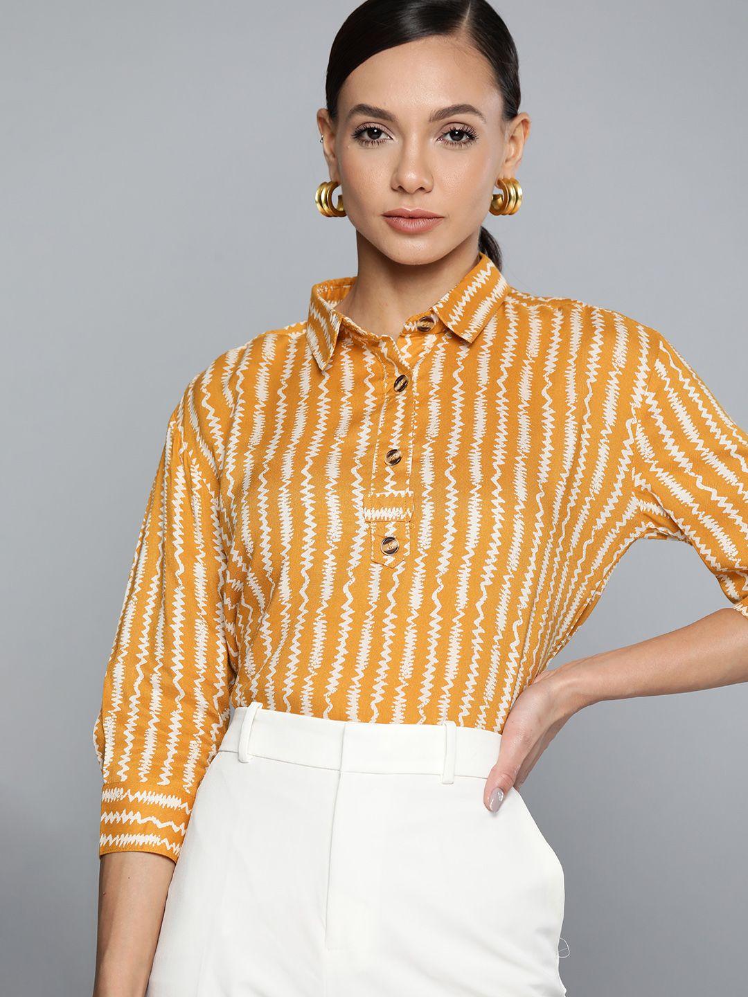 chemistry women mustard yellow & off-white printed casual shirt