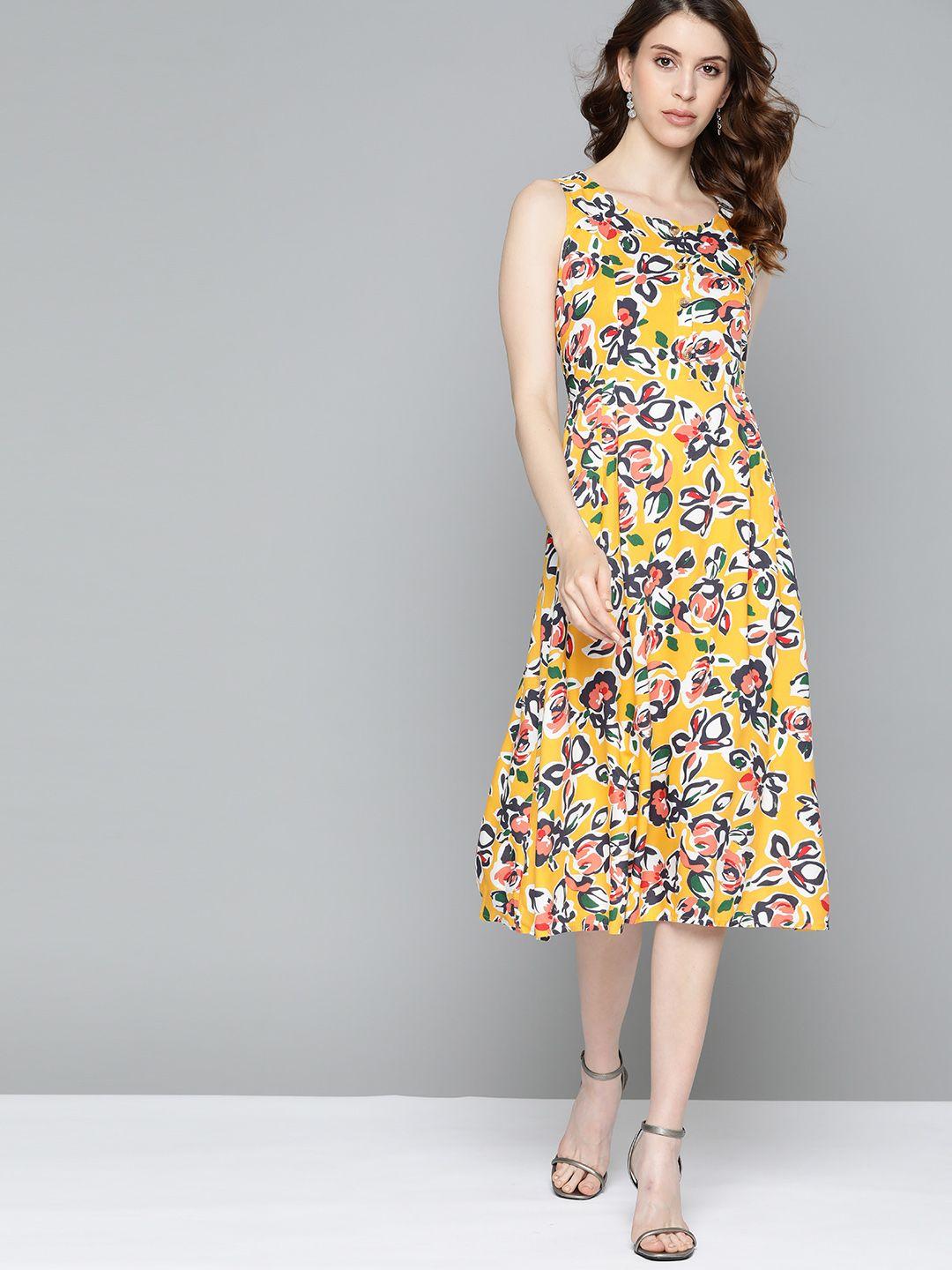 chemistry women mustard yellow & white floral print fit & flared dress