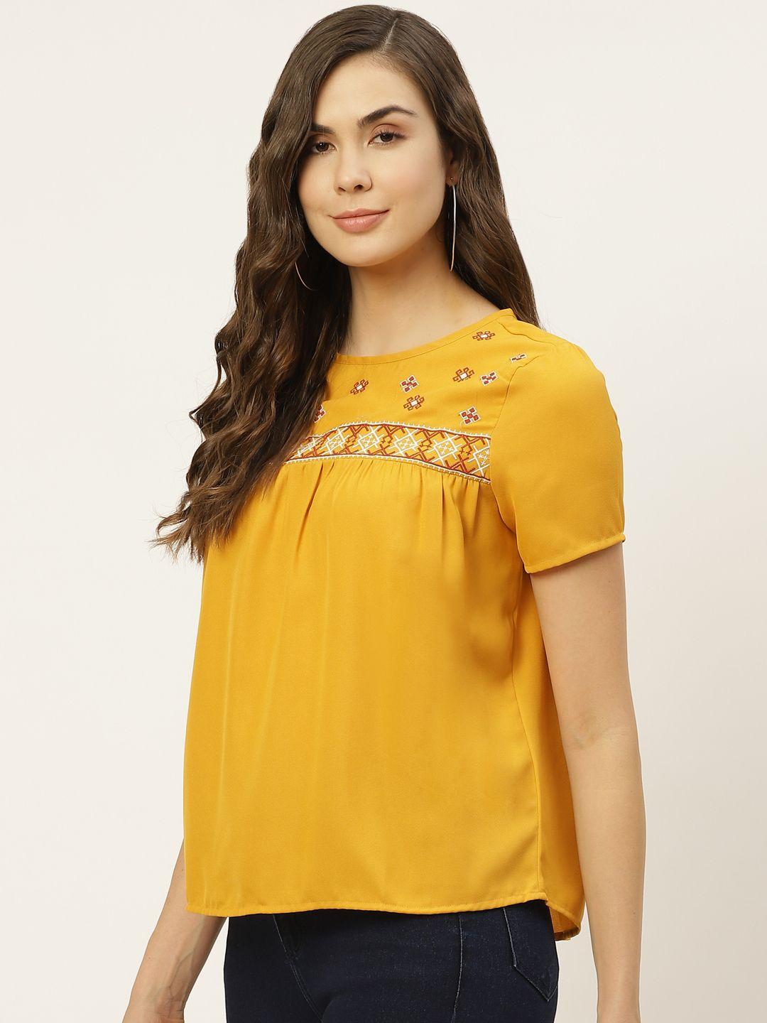 chemistry women mustard yellow embroidered regular top