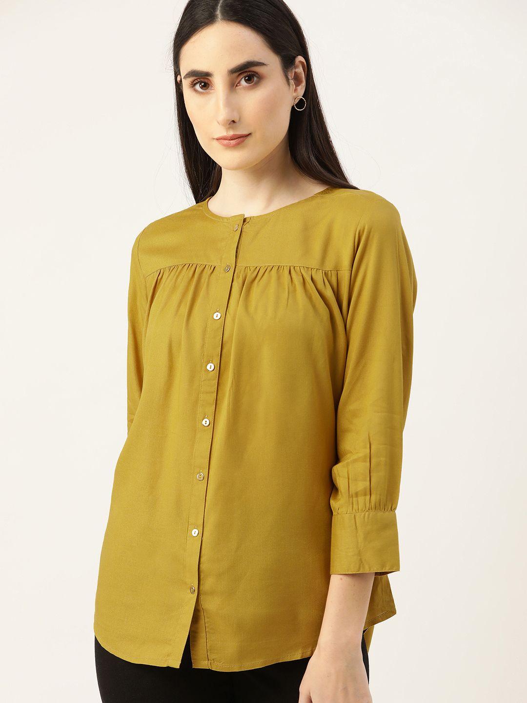 chemistry women mustard yellow solid casual shirt