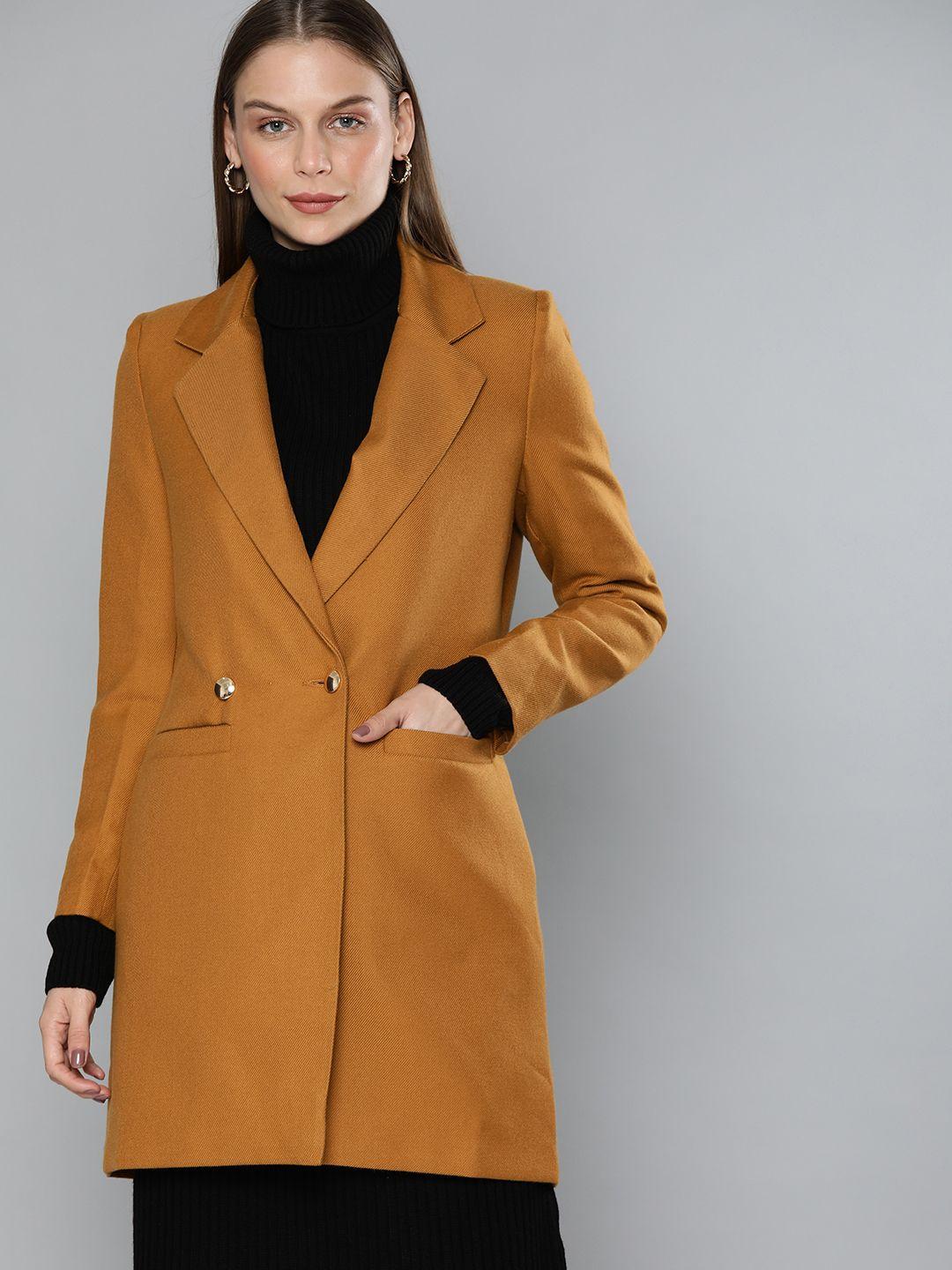 chemistry women mustard yellow solid longline over coat