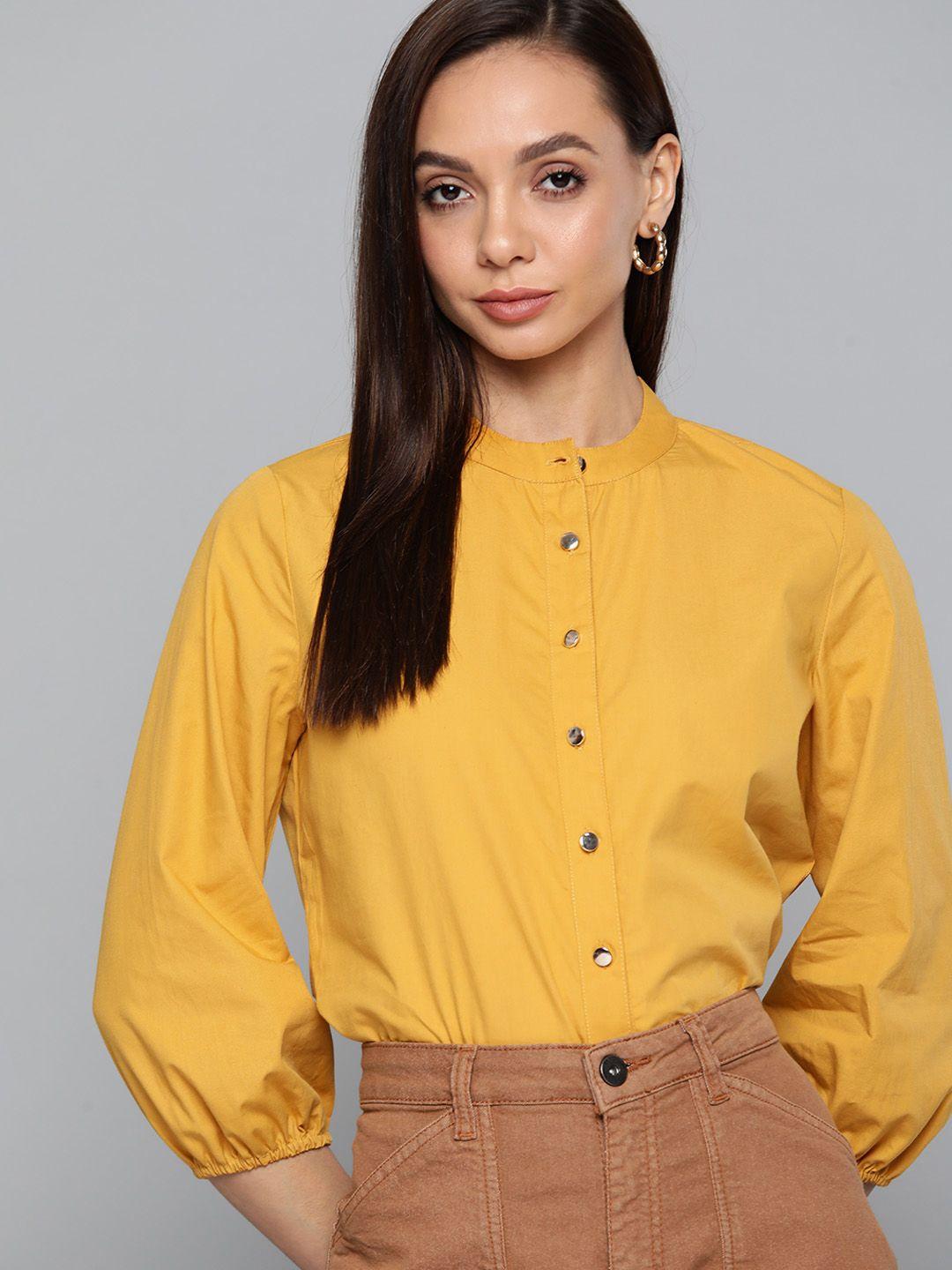 chemistry women mustard yellow solid pure cotton casual shirt