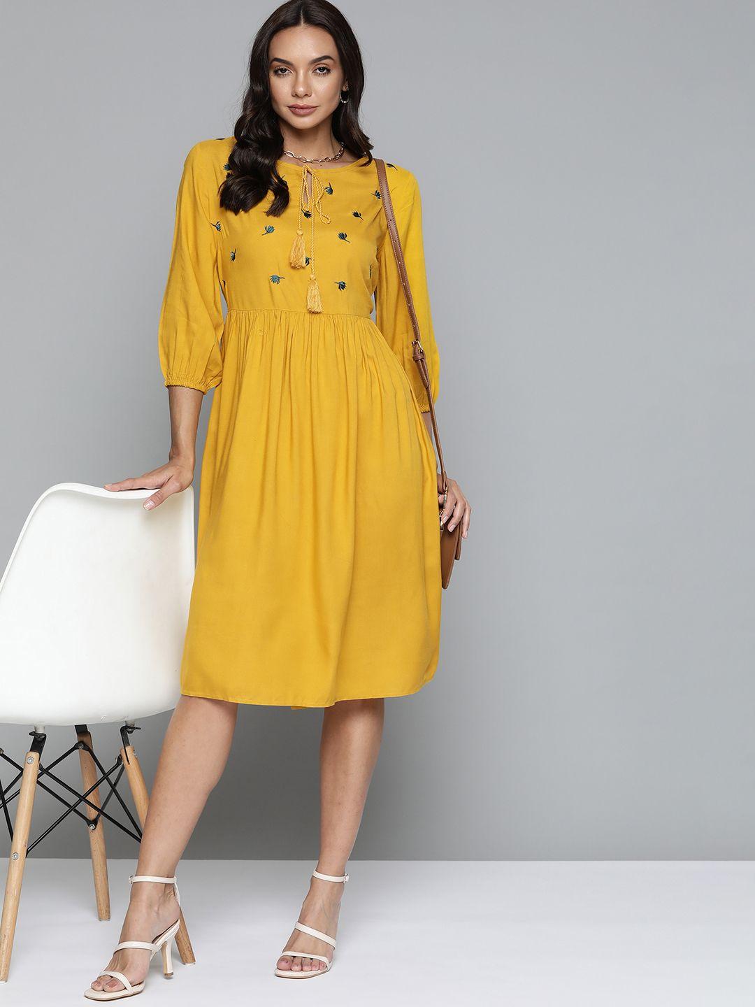 chemistry women mustard yellow tropical embroidered tie-up neck fit and flare midi dress