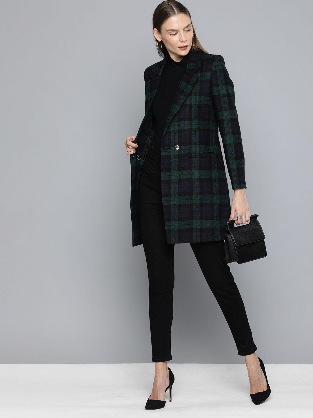 chemistry women navy blue & green checked longline trench coat