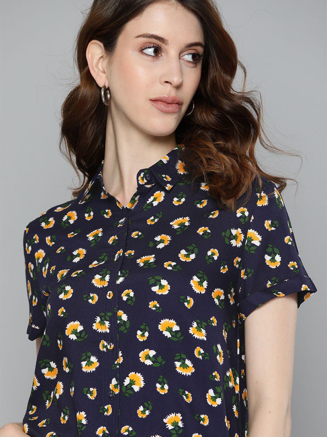 chemistry women navy blue & mustard yellow regular fit floral printed casual shirt