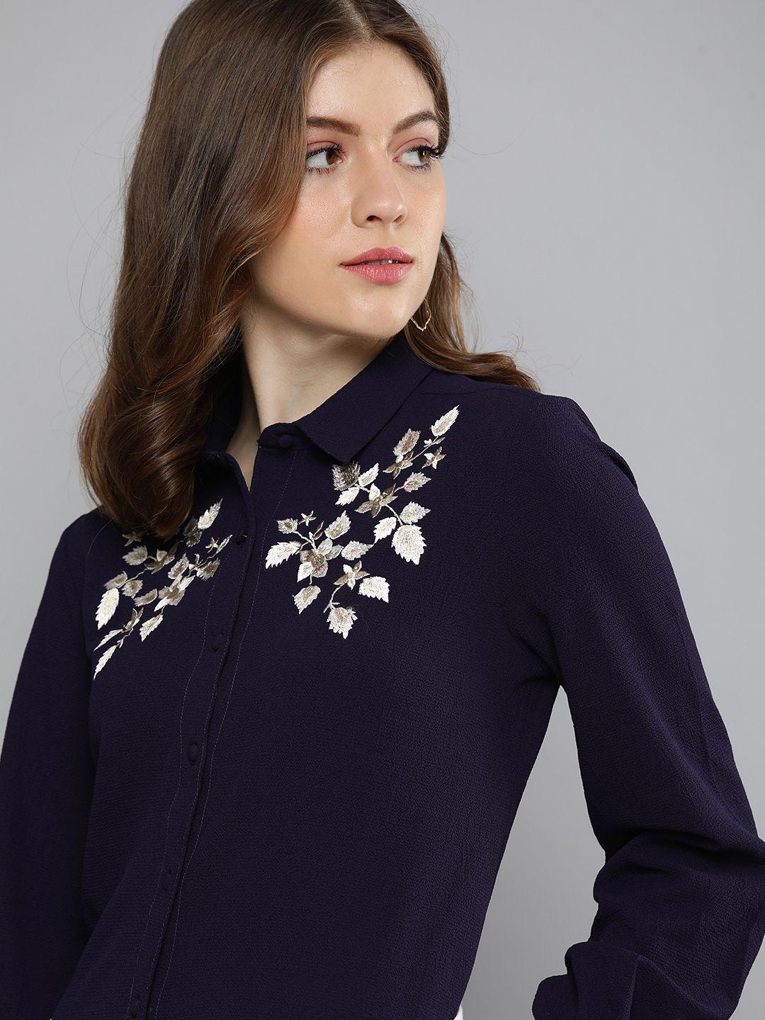 chemistry women navy blue & off-white embroidered shirt style top