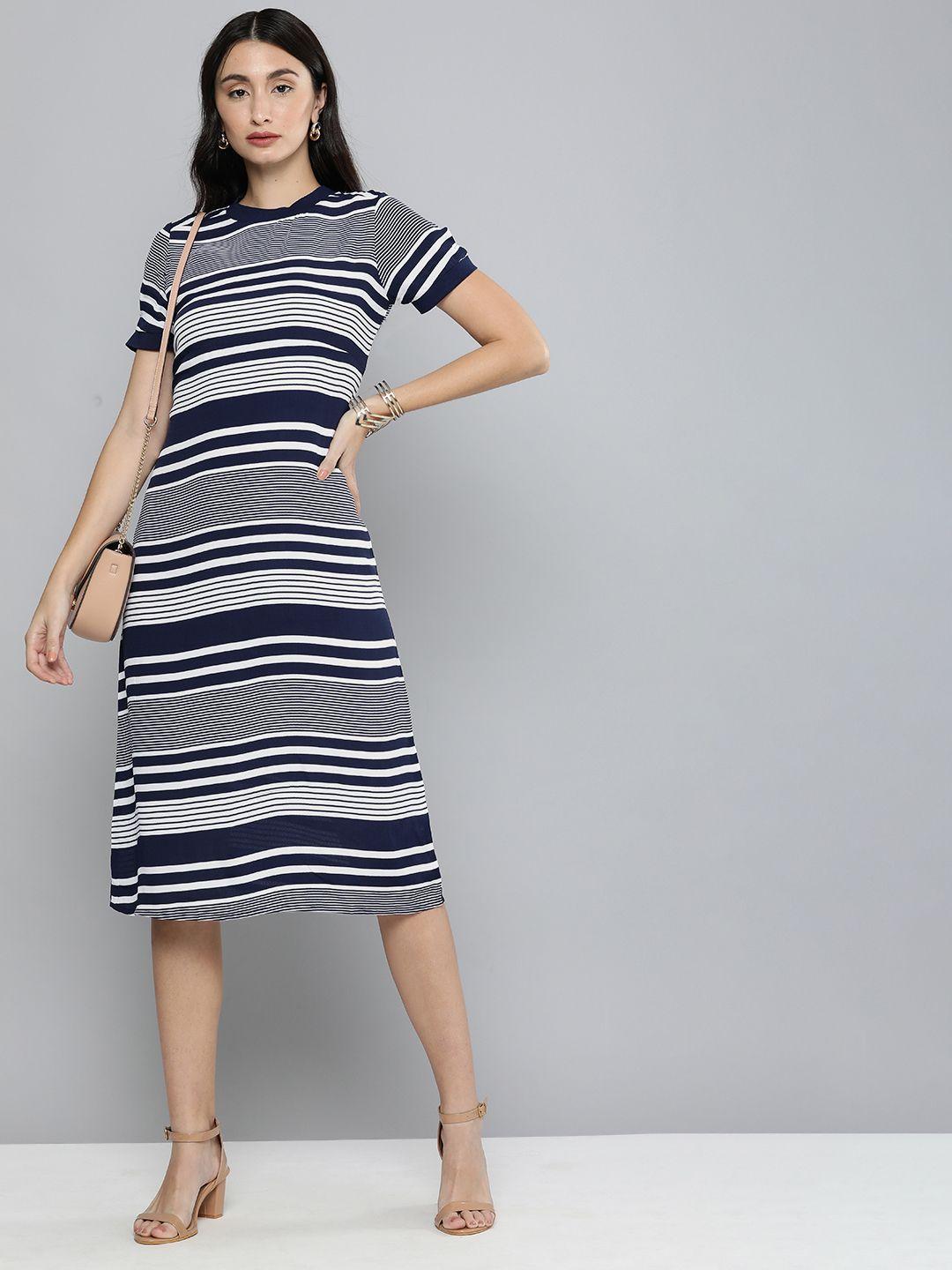 chemistry women navy blue & white striped a-line dress