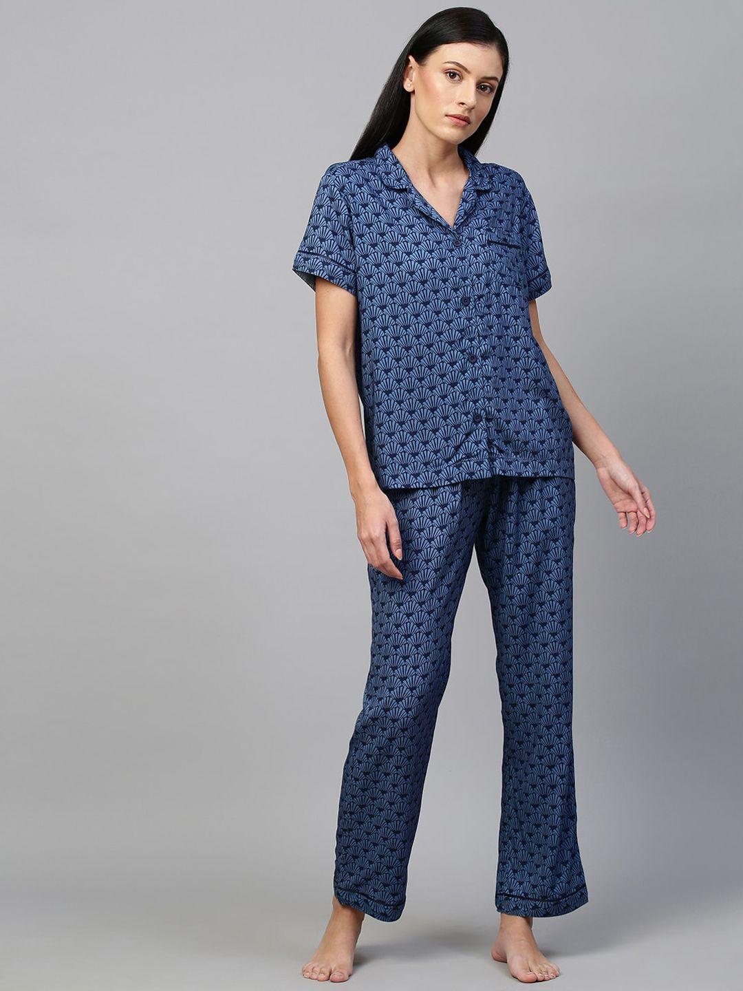 chemistry women navy blue printed night suit