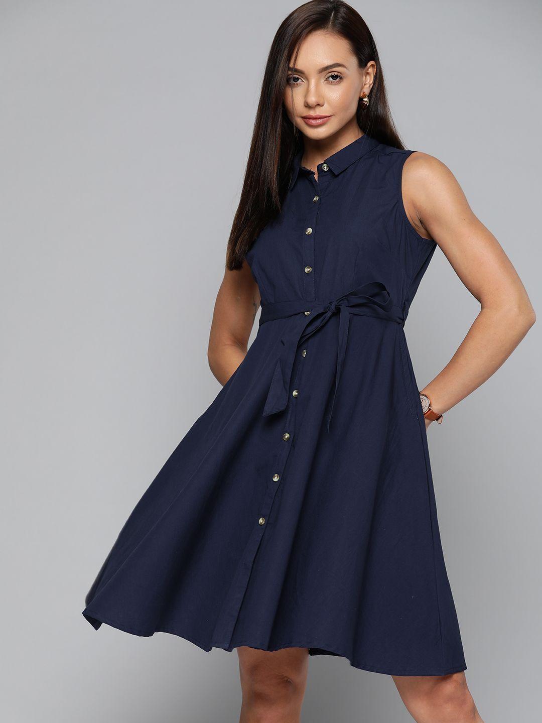 chemistry women navy blue pure cotton a-line dress with a belt