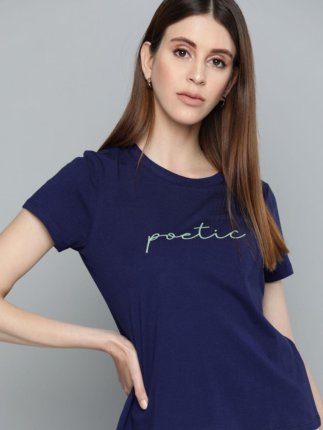 chemistry women navy blue pure cotton printed detail round neck t-shirt