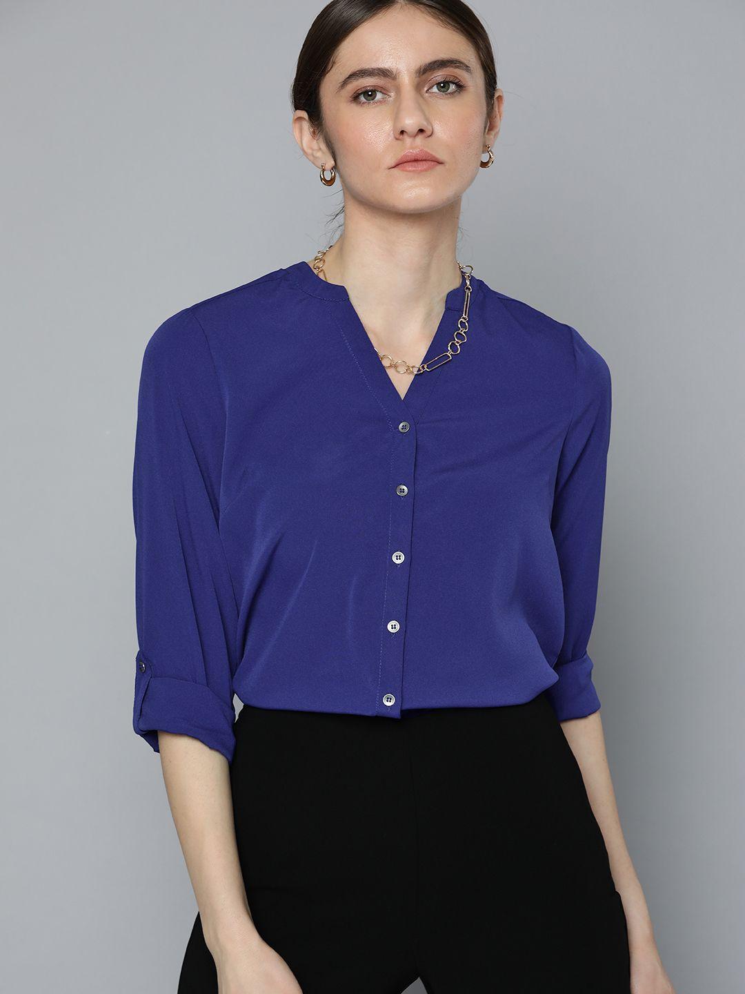 chemistry women navy blue solid casual shirt