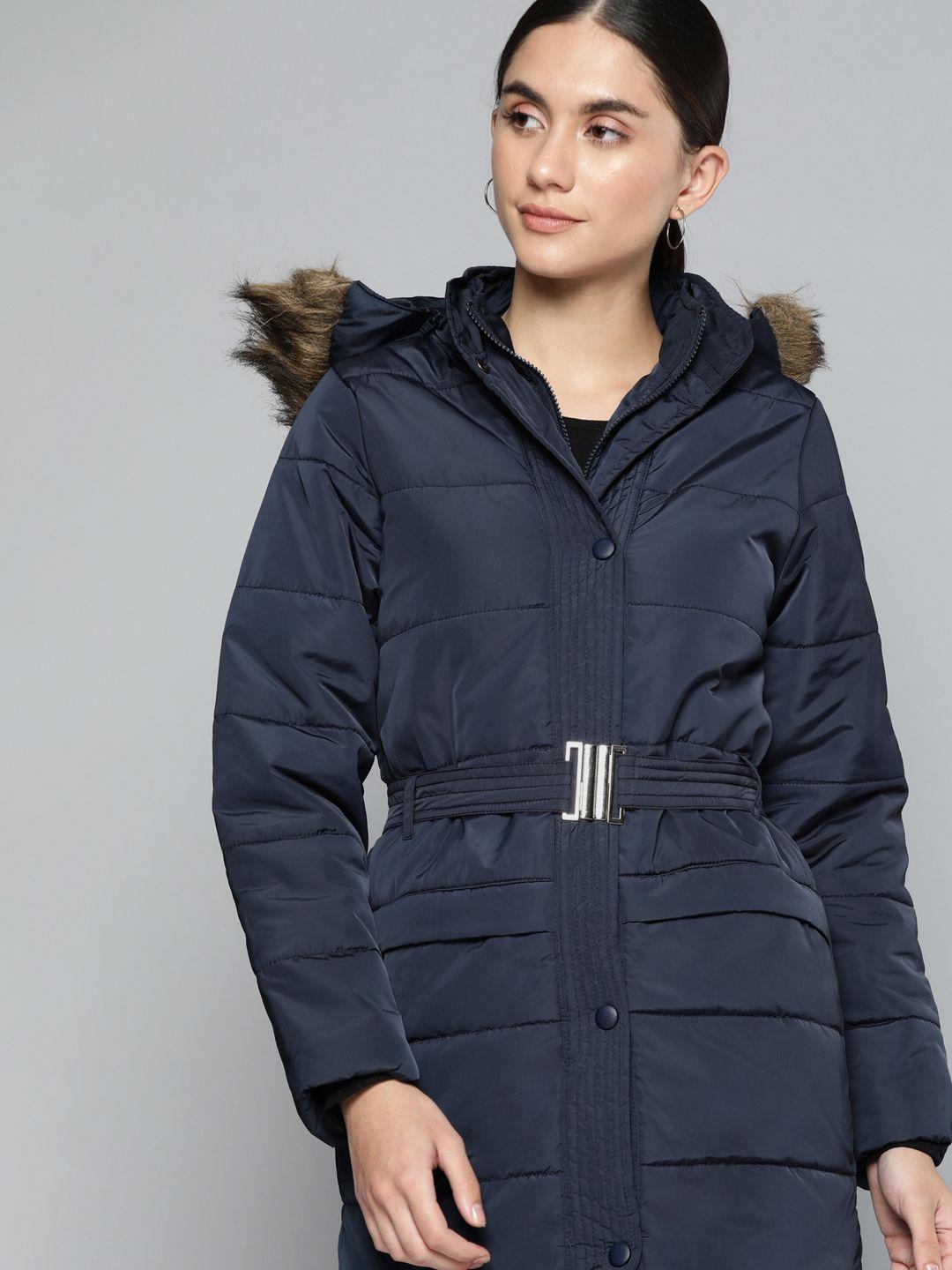 chemistry women navy blue solid hooded parka jacket