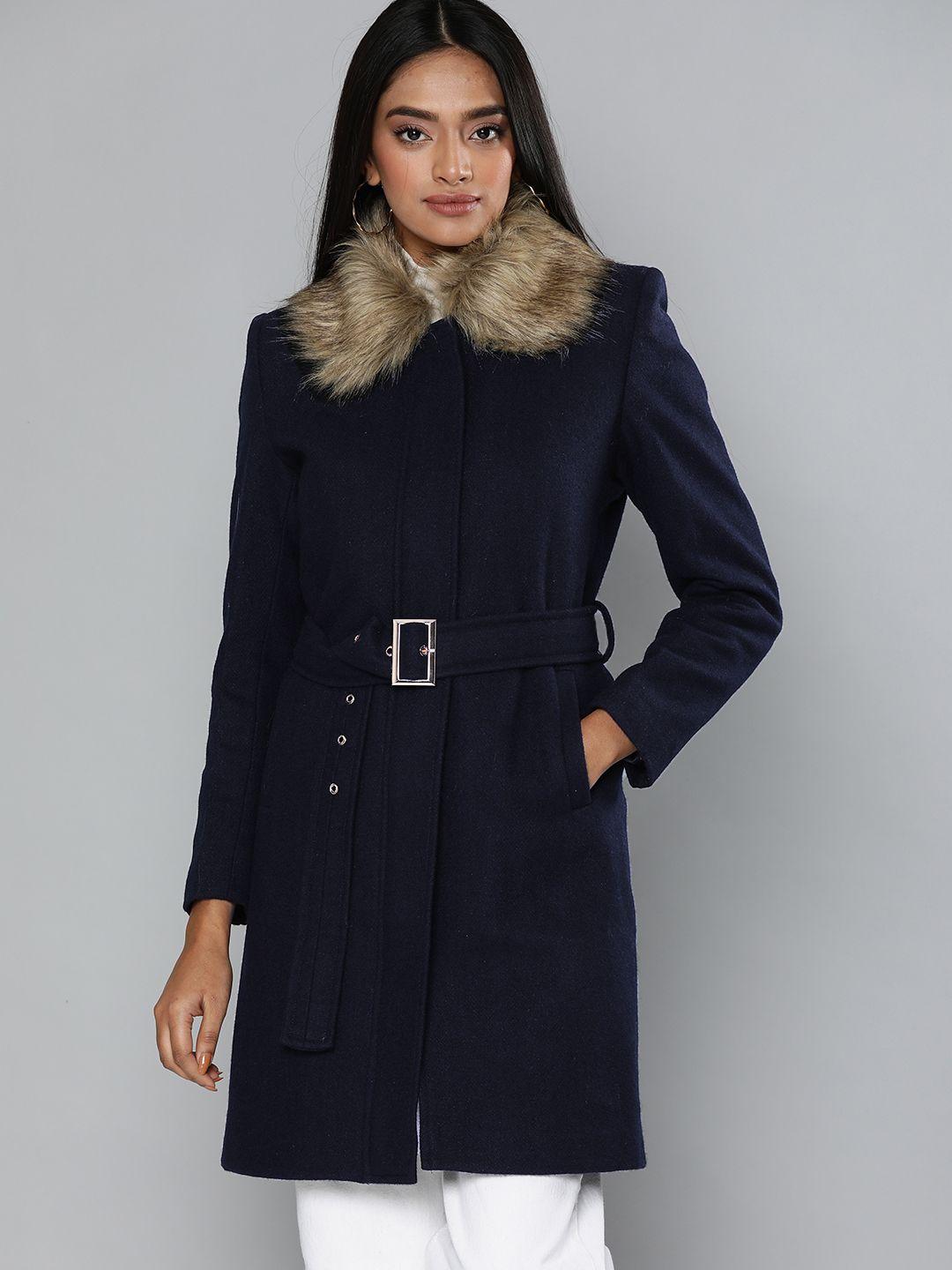 chemistry women navy blue solid overcoat