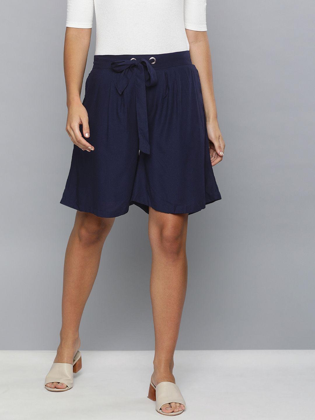 chemistry women navy blue solid pleat front regular fit regular shorts with tie-ups