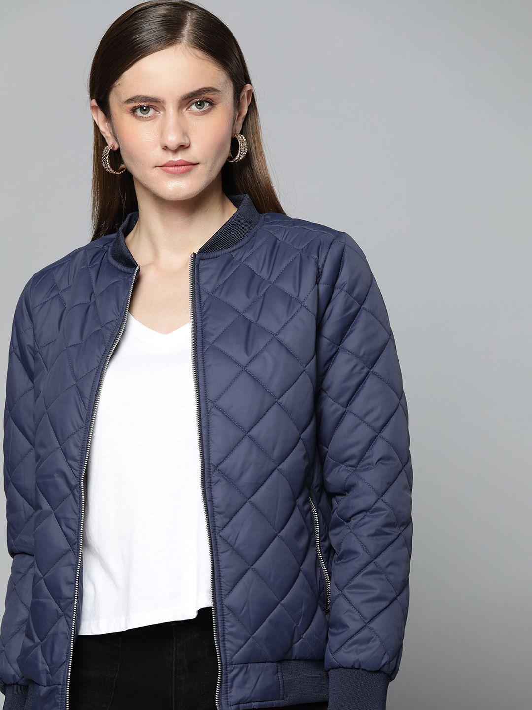 chemistry women navy blue solid quilted jacket