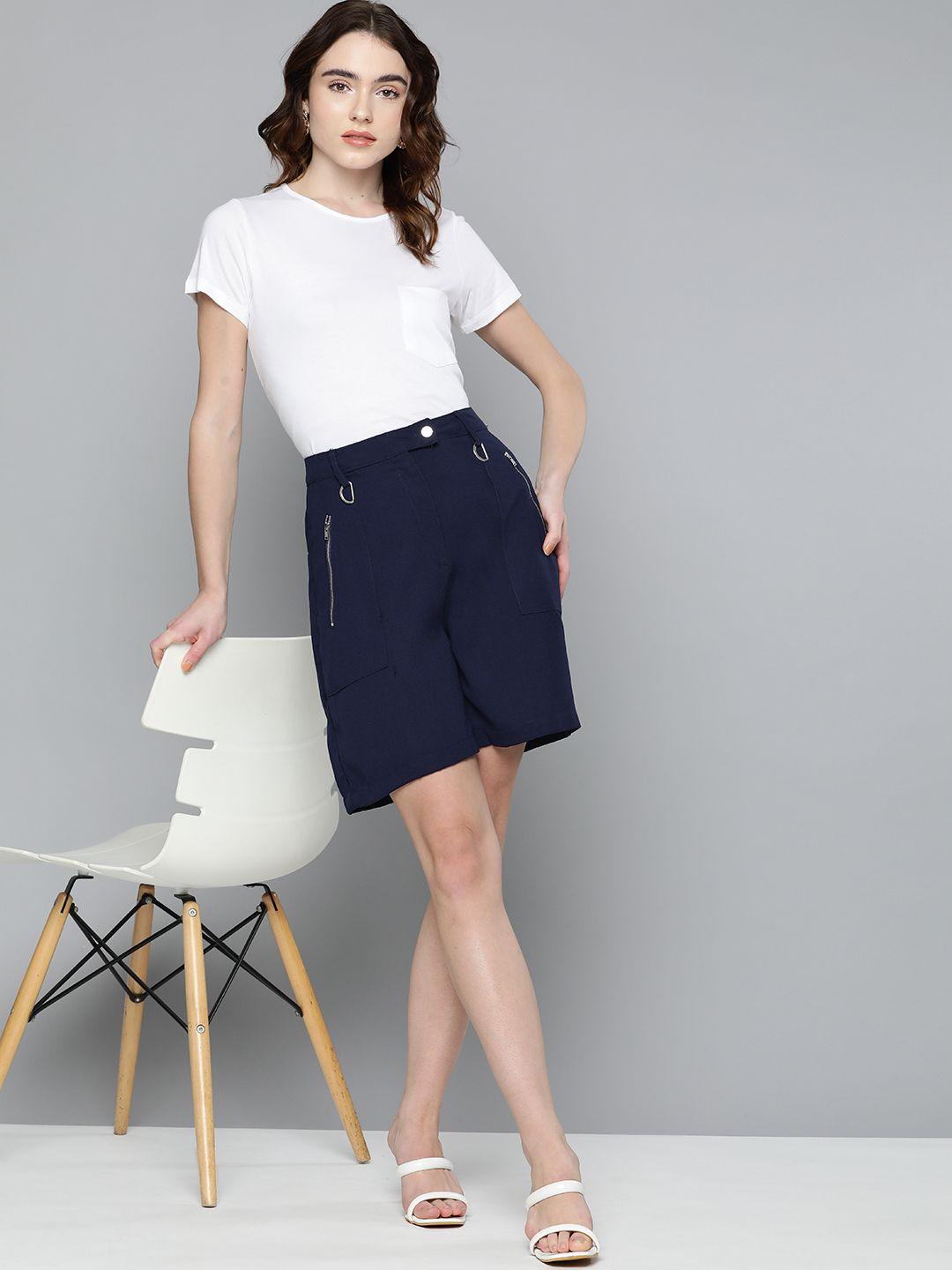 chemistry women navy blue solid woven shorts