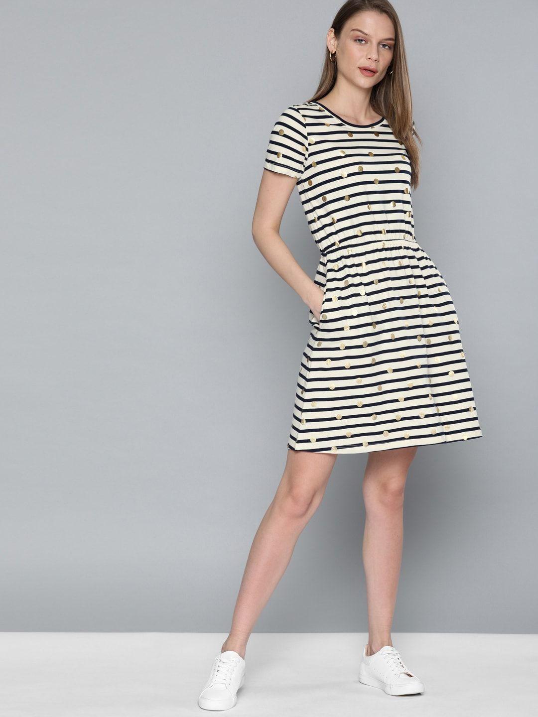 chemistry women off-white & navy blue striped fit and flare dress