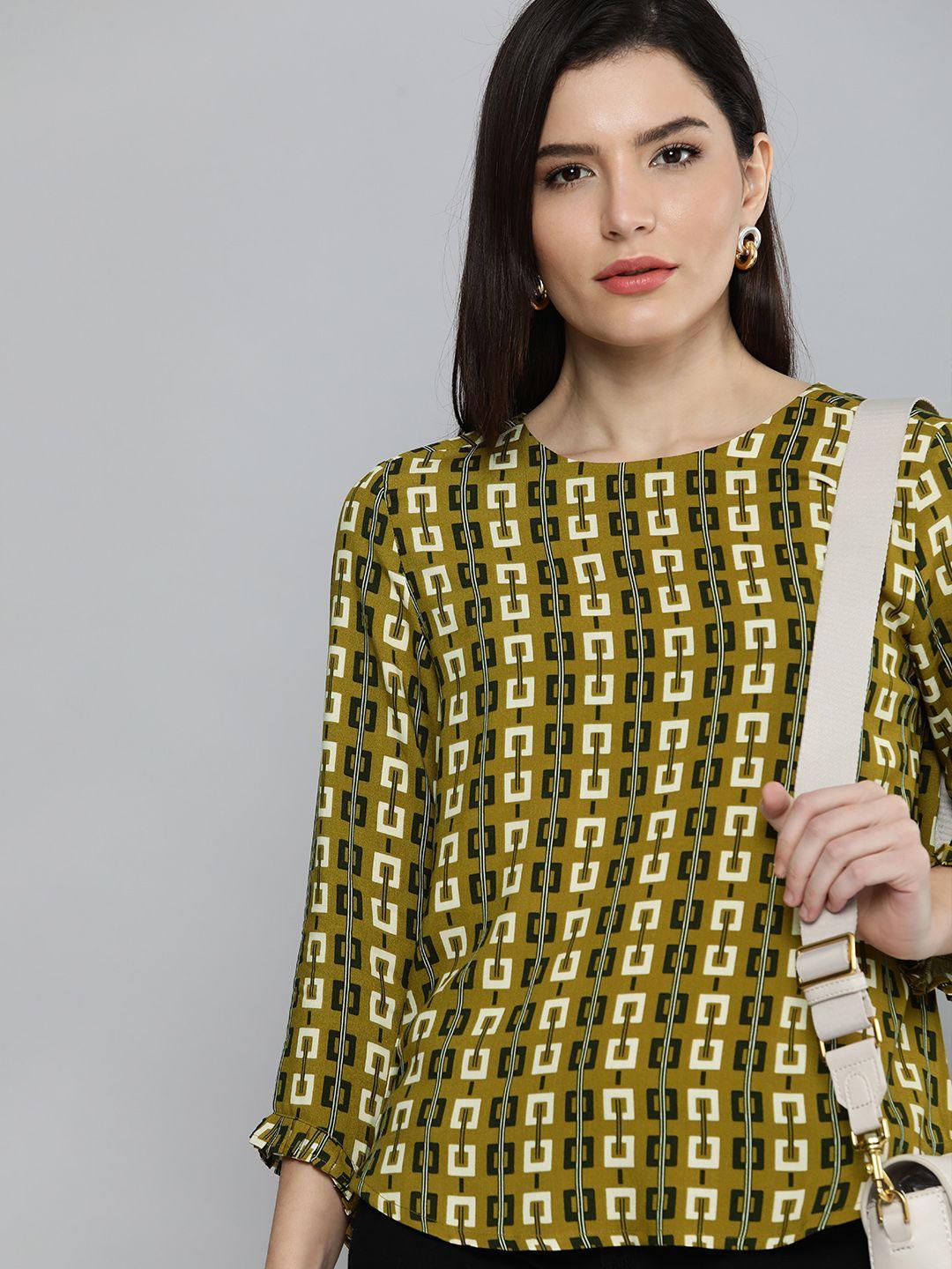 chemistry women olive green & yellow printed regular top