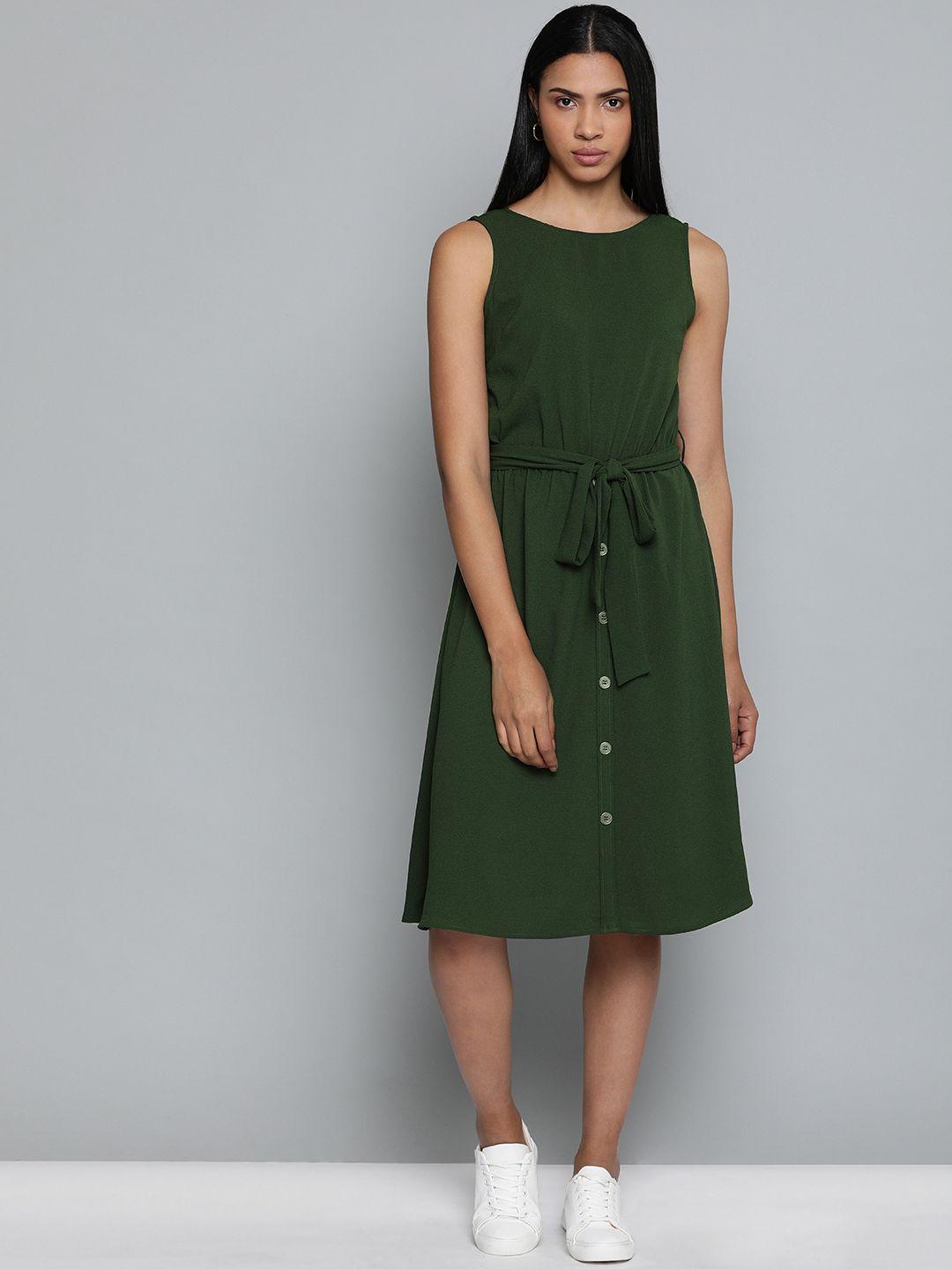 chemistry women olive green solid a-line dress