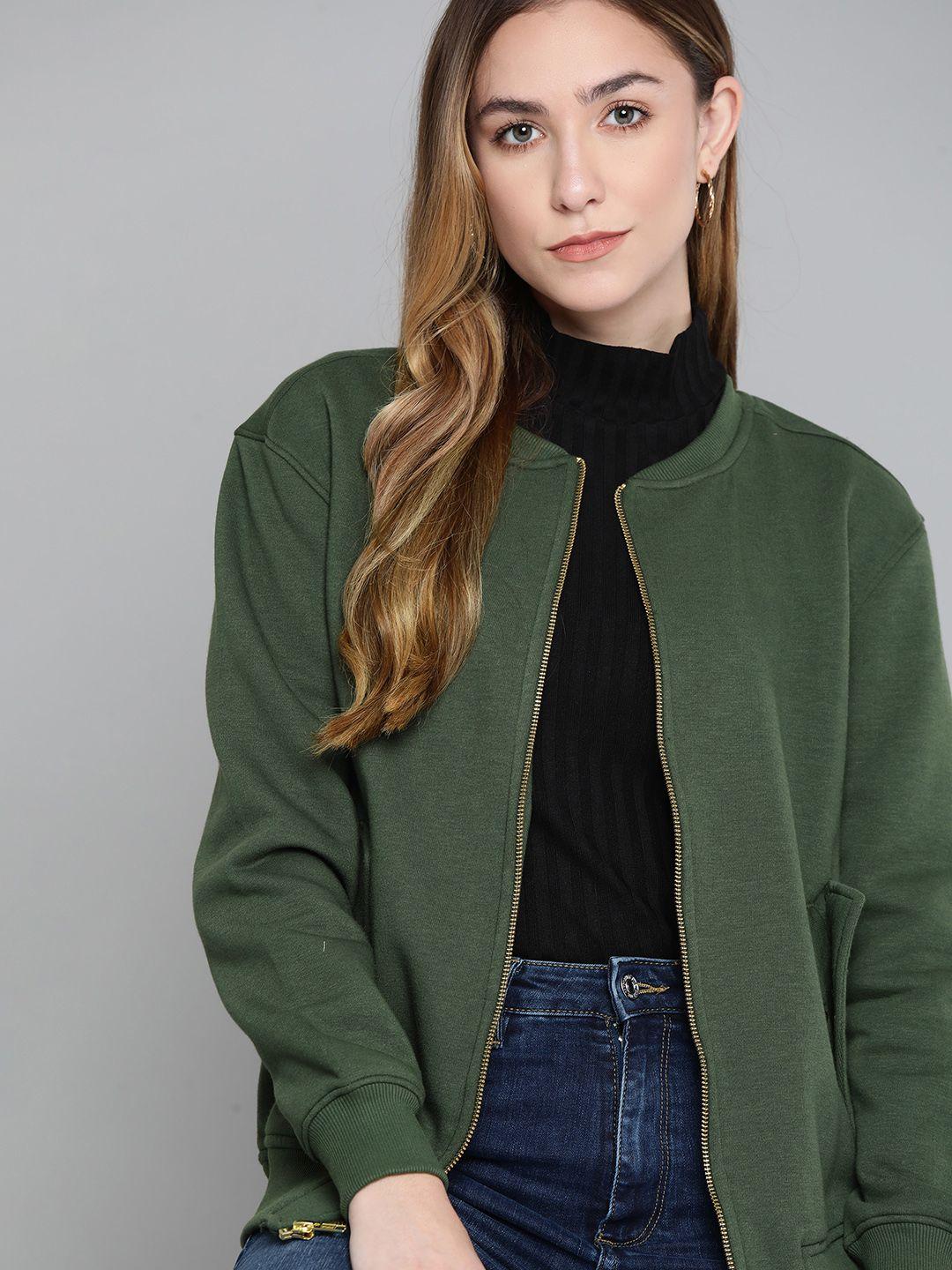 chemistry women olive green solid bomber jacket